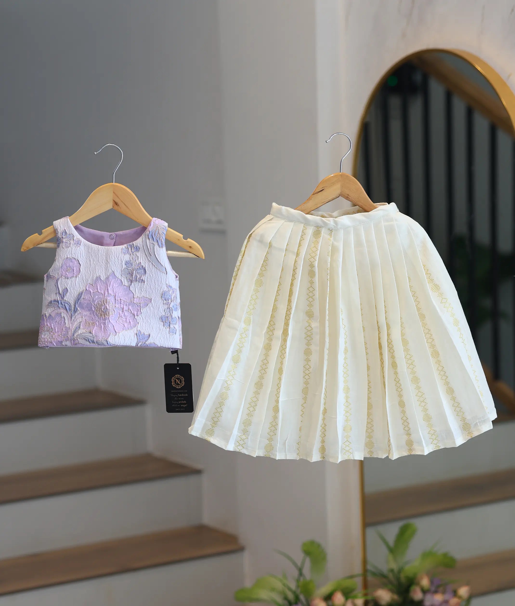 Lavender Turkish Organza Top With Kasavu Skirt for Baby Girl [6376]