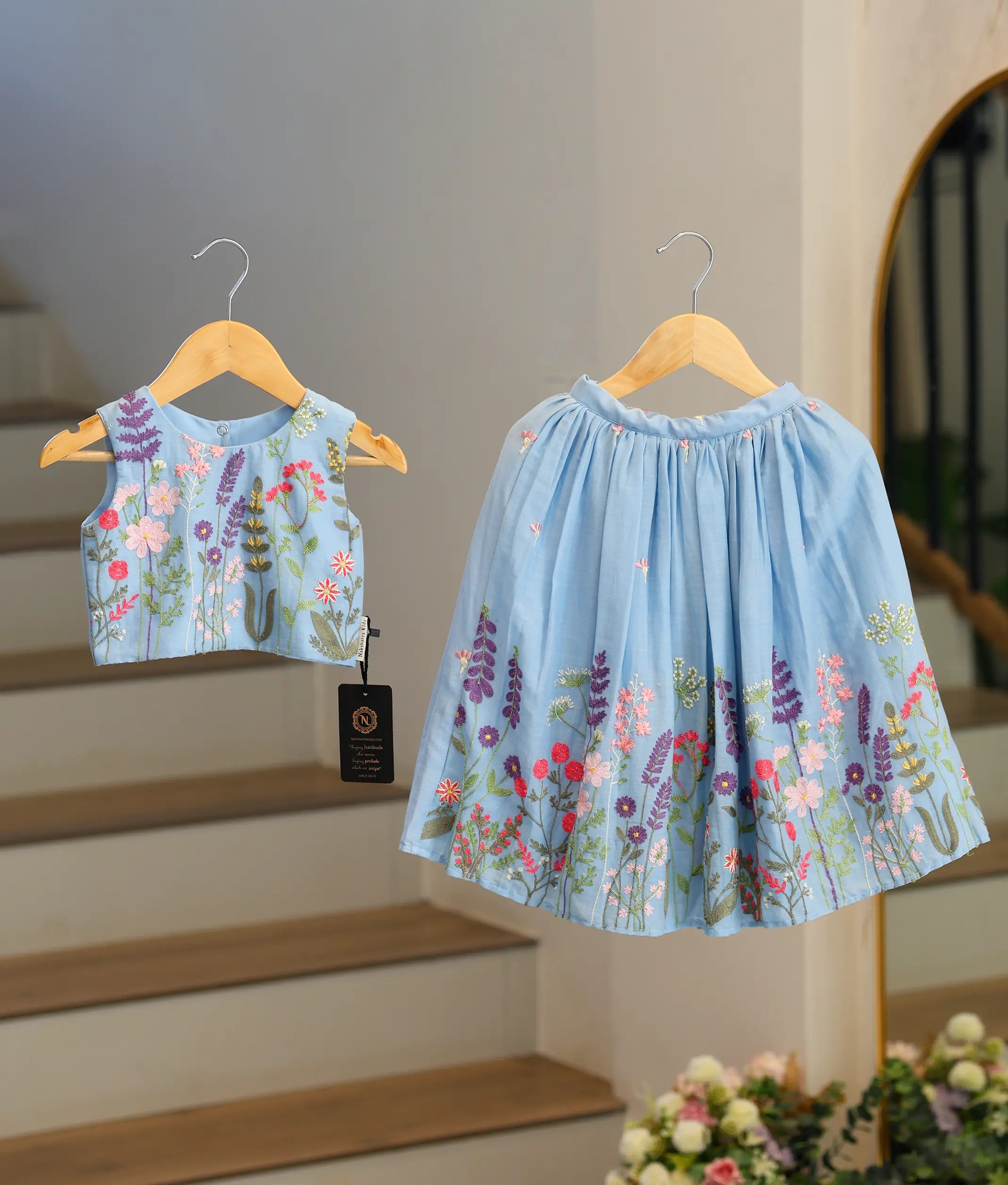 Pastel Blue Mul Chanderi Embroidered Skirt and Top for Baby Girl [6377]