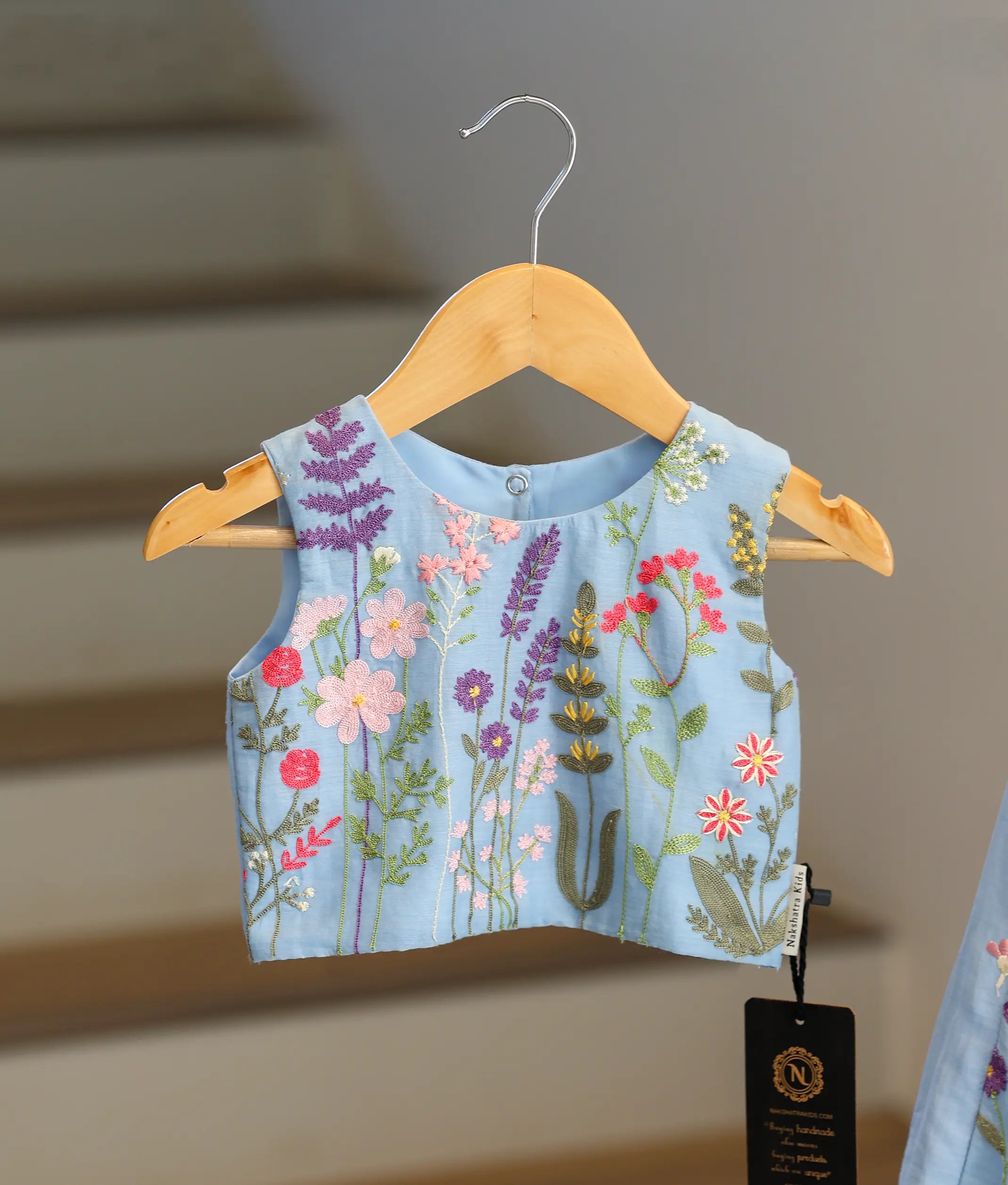Pastel Blue Mul Chanderi Embroidered Skirt and Top for Baby Girl [6377]
