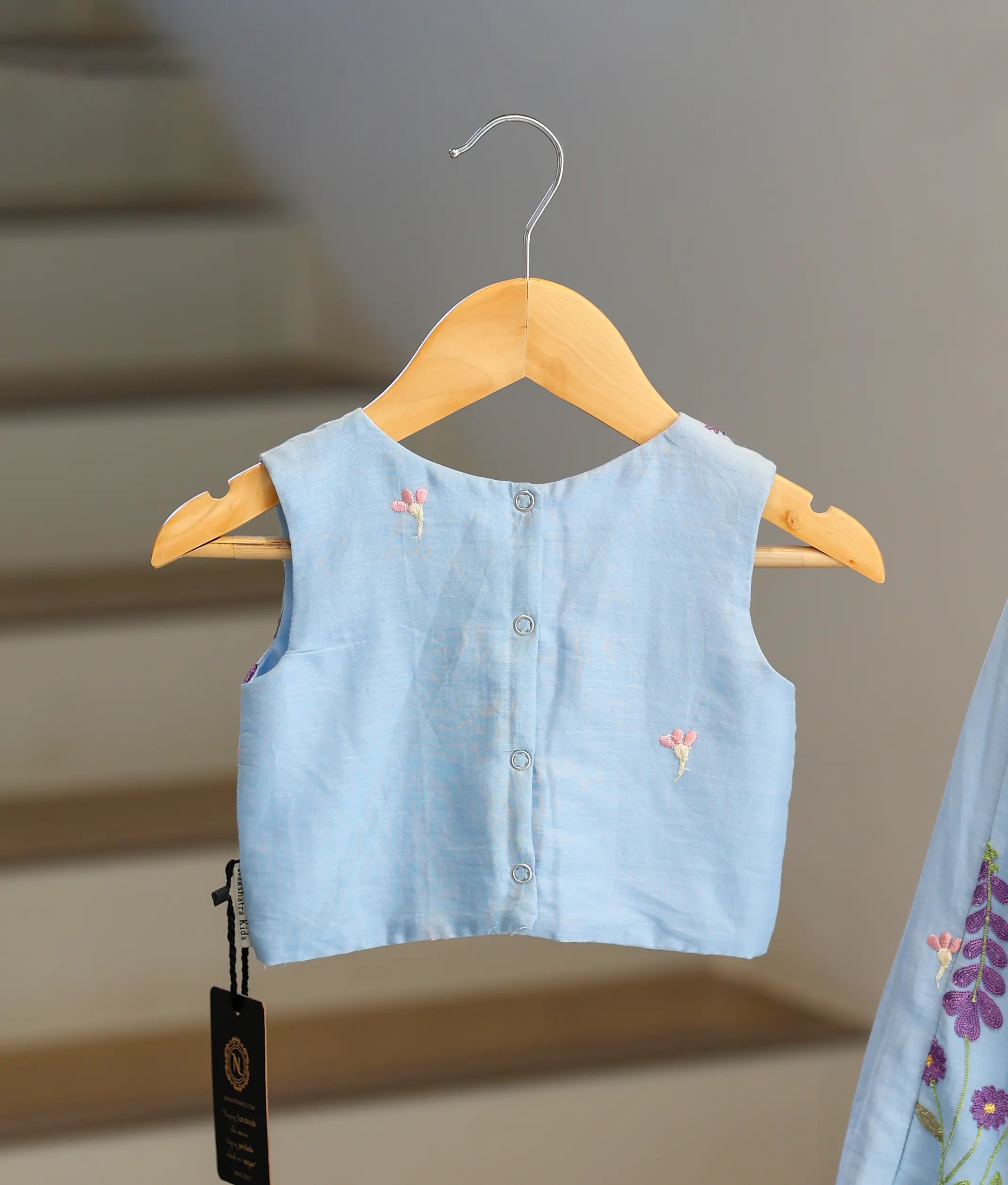 Pastel Blue Mul Chanderi Embroidered Skirt and Top for Baby Girl [6377]