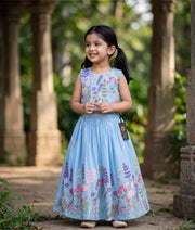 Pastel Blue Mul Chanderi Embroidered Skirt and Top for Baby Girl [6377]