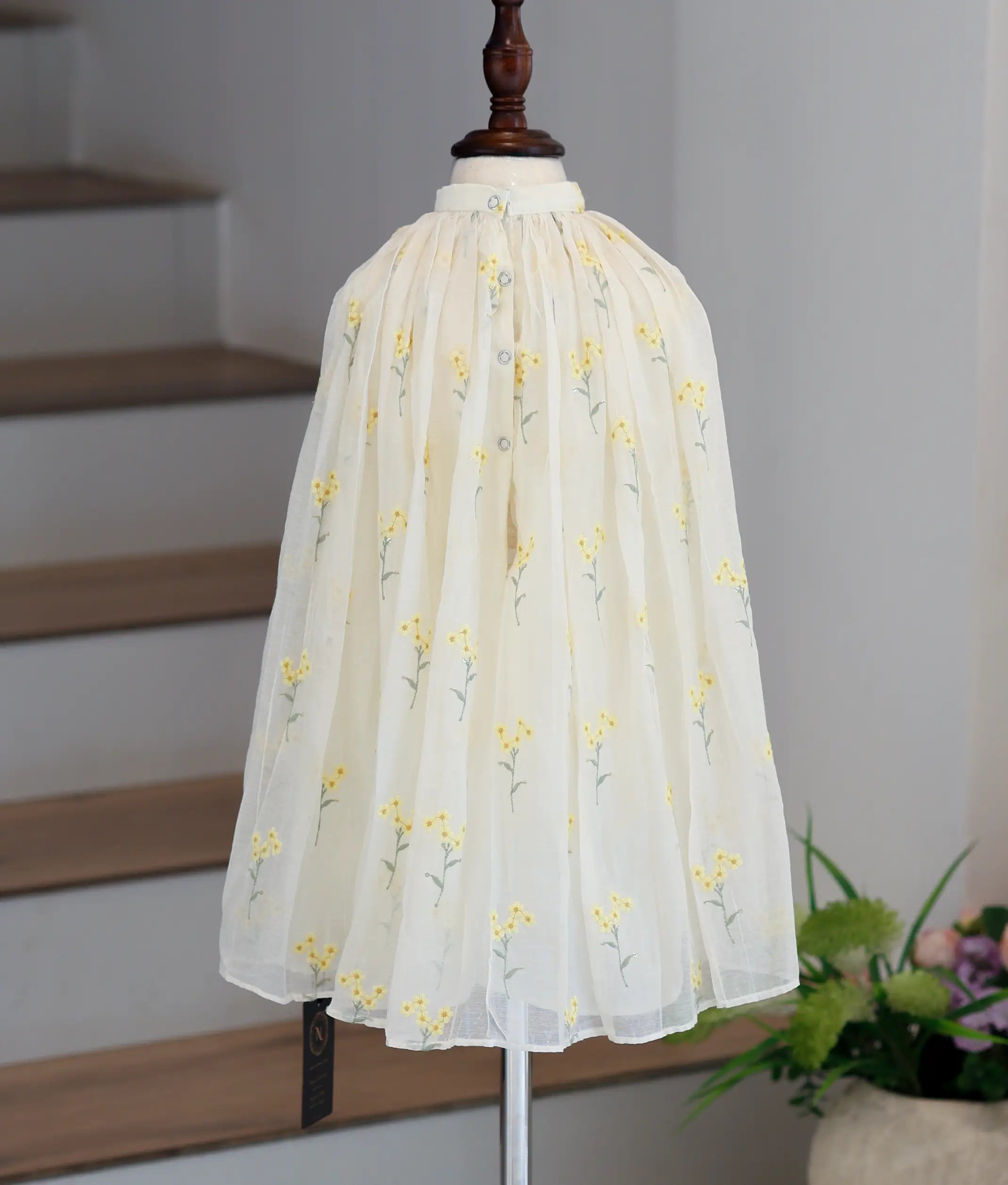 Off-White Mul Chanderi Embroidered A-Line Frock for Baby Girl [6378]