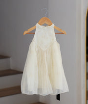 Off-White Mul Chanderi Embroidered A-Line Frock for Baby Girl [6378A]