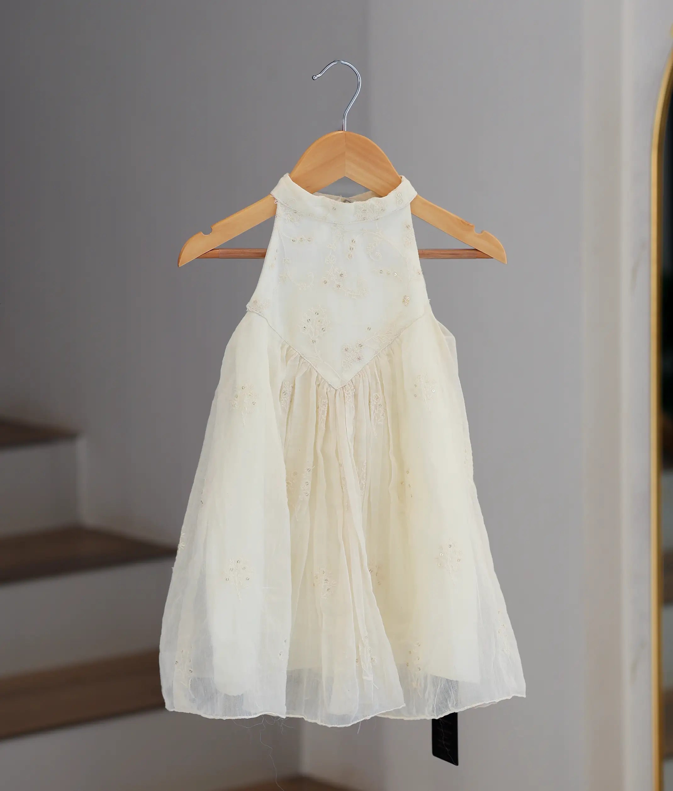 Off-White Mul Chanderi Embroidered A-Line Frock for Baby Girl [6378A]