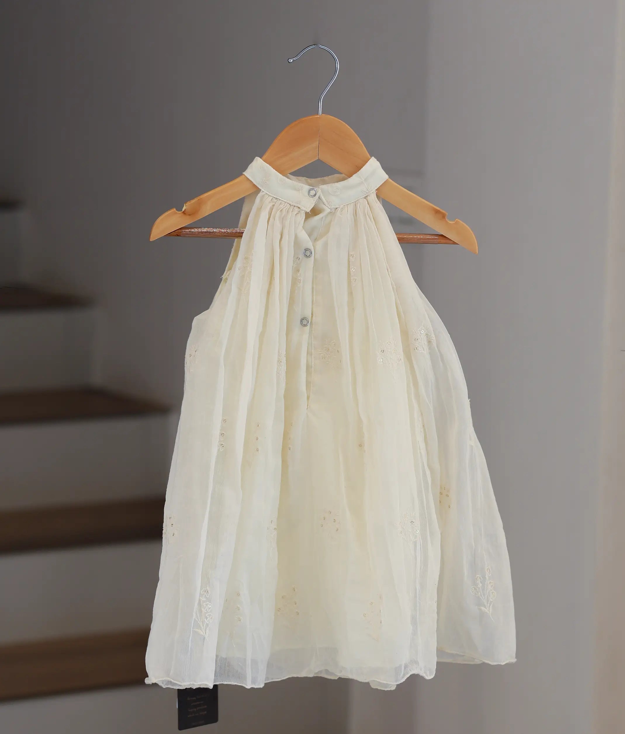 Off-White Mul Chanderi Embroidered A-Line Frock for Baby Girl [6378A]