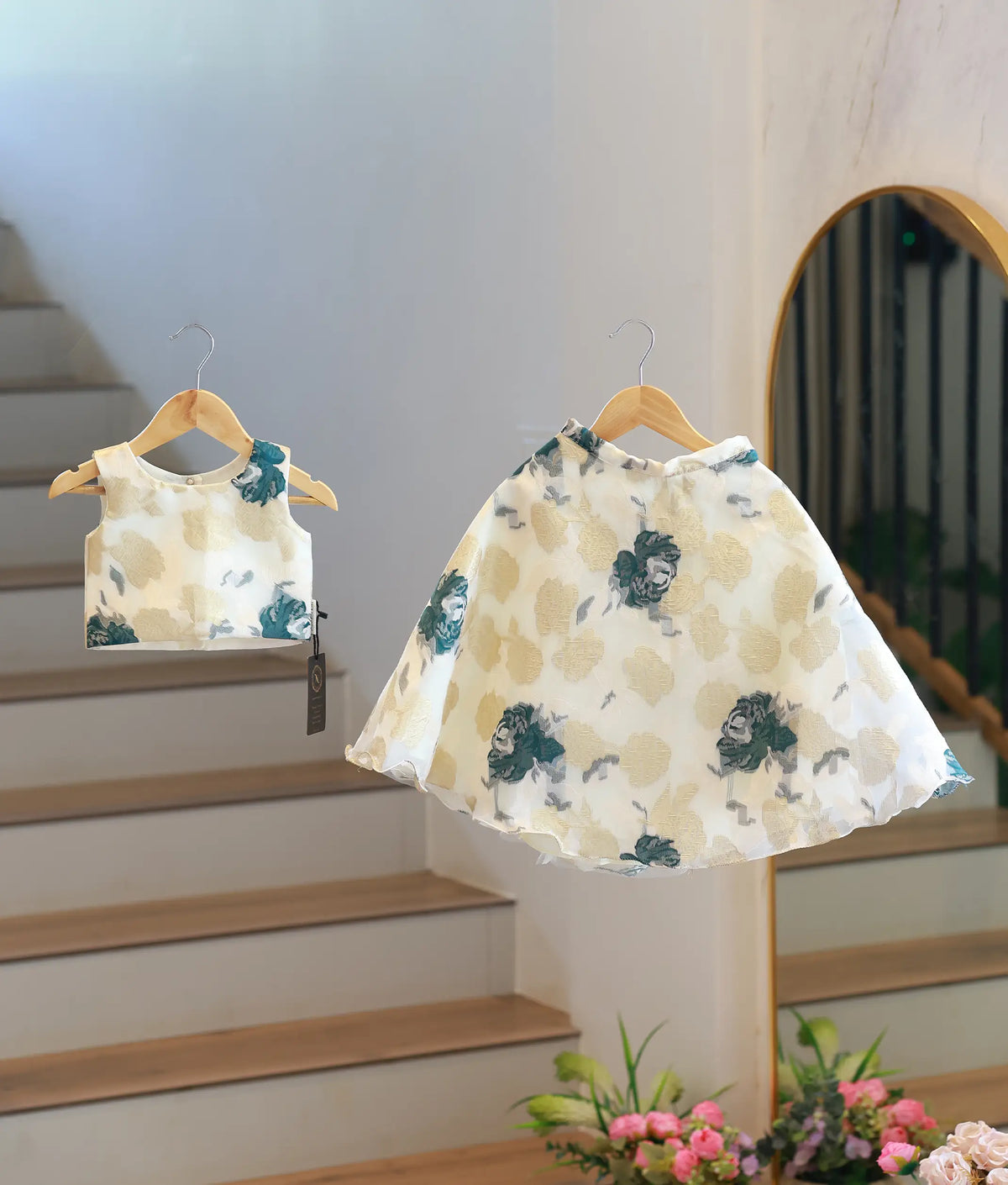 Off-White and Green Floral Turkish Organza Skirt and Top for Baby Girl [6380]