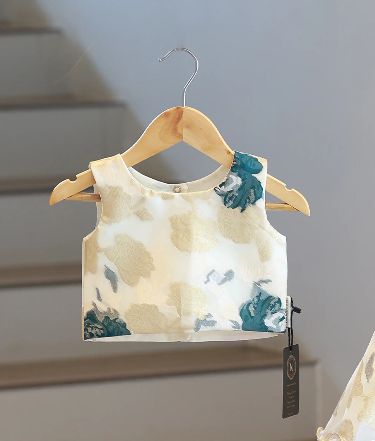 Off-White and Green Floral Turkish Organza Skirt and Top for Baby Girl [6380]
