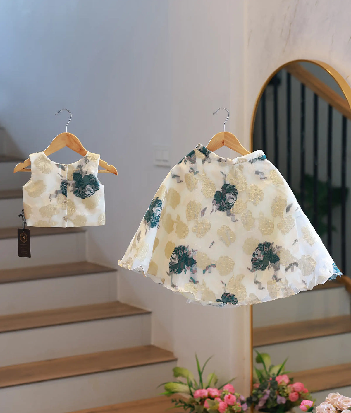 Off-White and Green Floral Turkish Organza Skirt and Top for Baby Girl [6380]