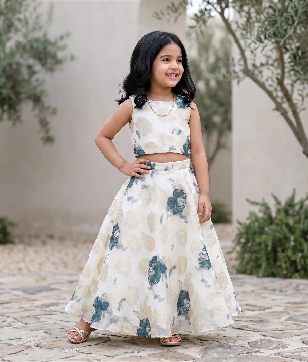 Off-White and Green Floral Turkish Organza Skirt and Top for Baby Girl [6380]