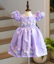 Lavender Satin HandWorked Flower Theme Birthday Frock For Baby Girl [6381]