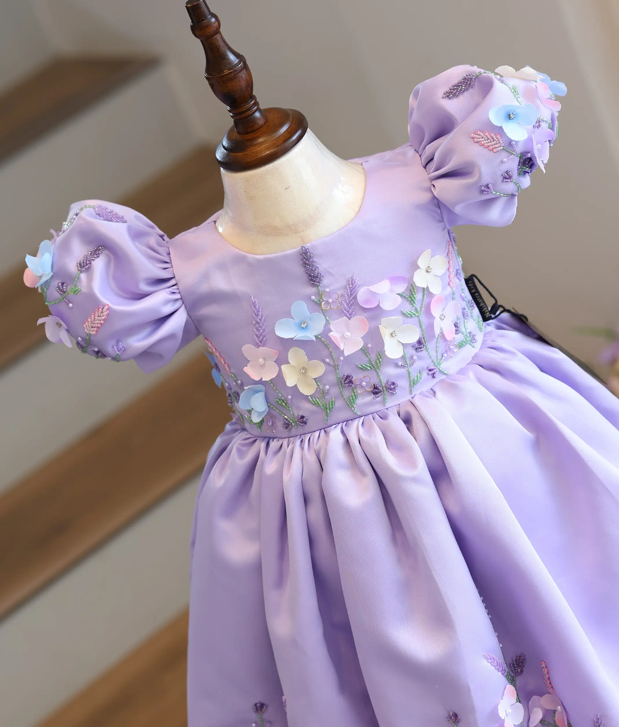 Lavender Satin HandWorked Flower Theme Birthday Frock For Baby Girl [6381]