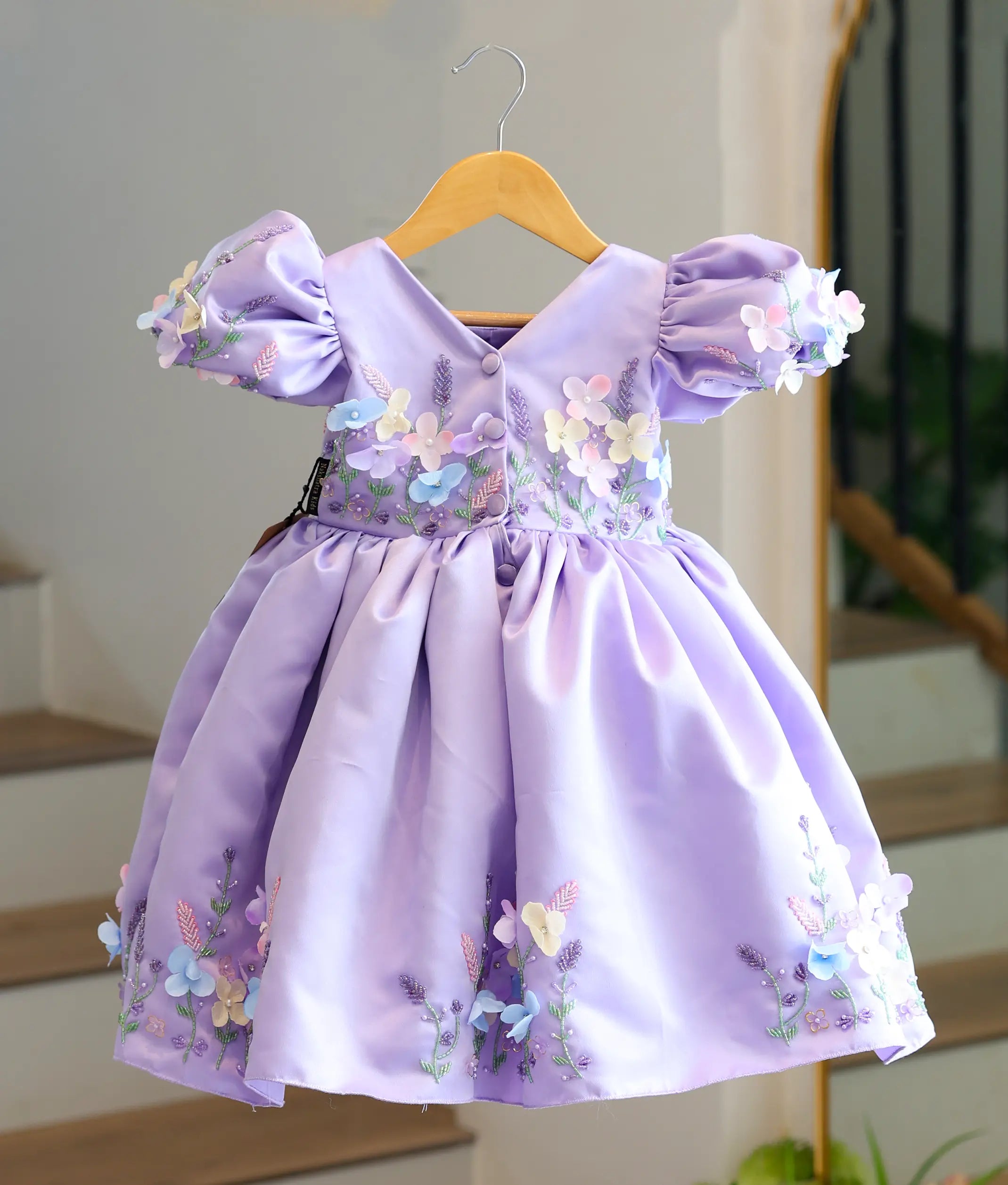 Lavender Satin HandWorked Flower Theme Birthday Frock For Baby Girl [6381]