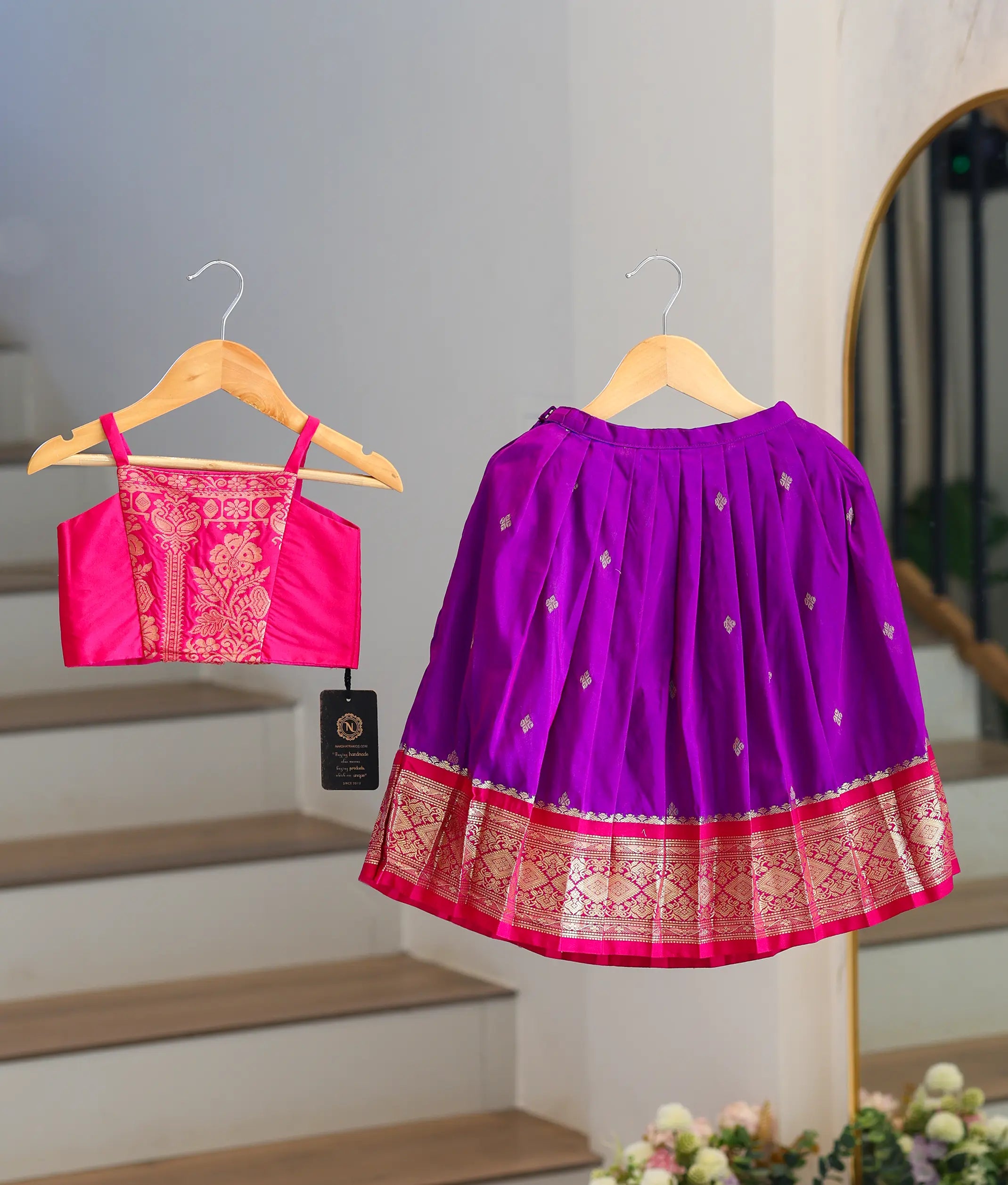 Pink and Violet Kanchipuram Silk Skirt and Top for Baby Girl [6383]