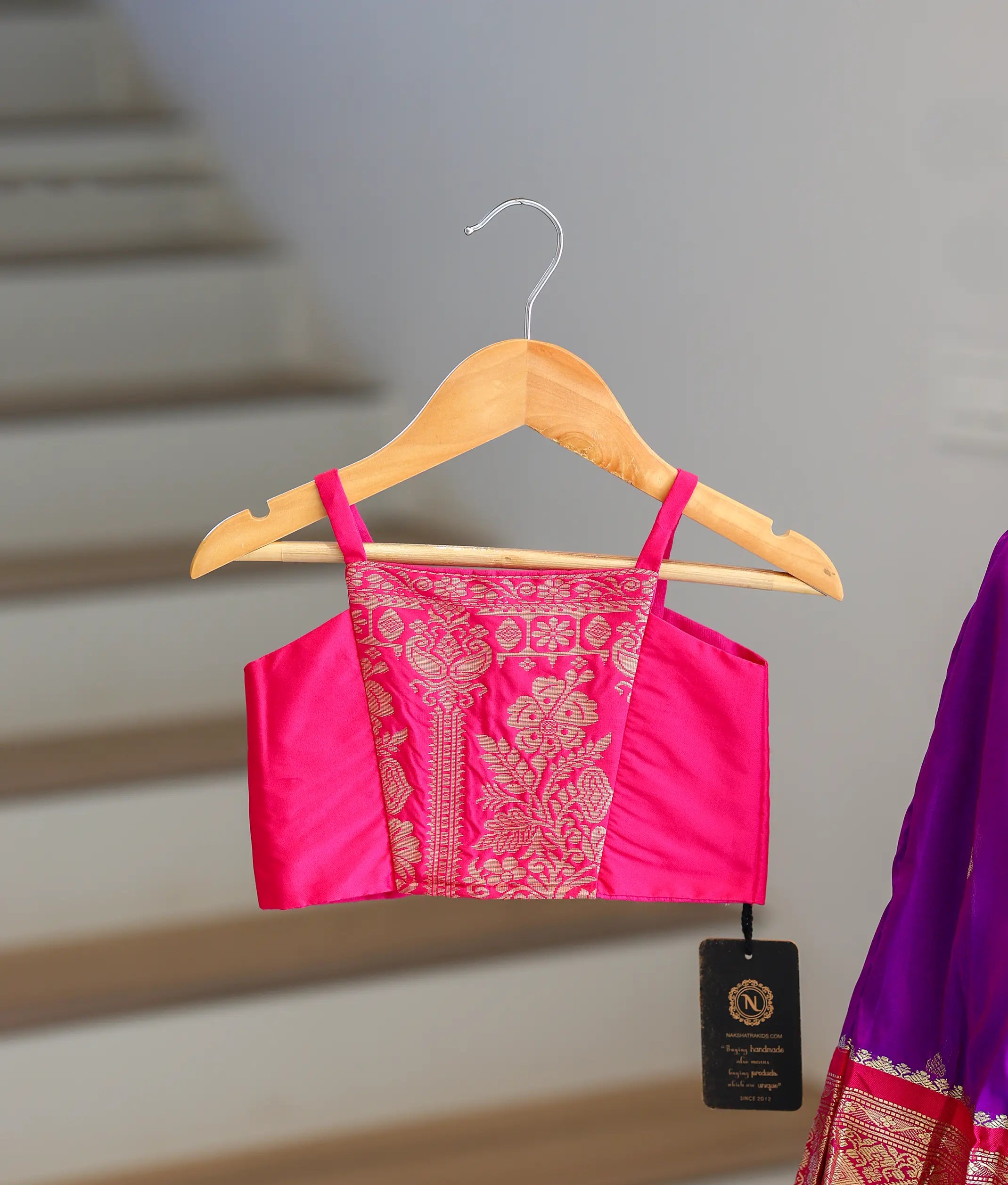 Pink and Violet Kanchipuram Silk Skirt and Top for Baby Girl [6383]
