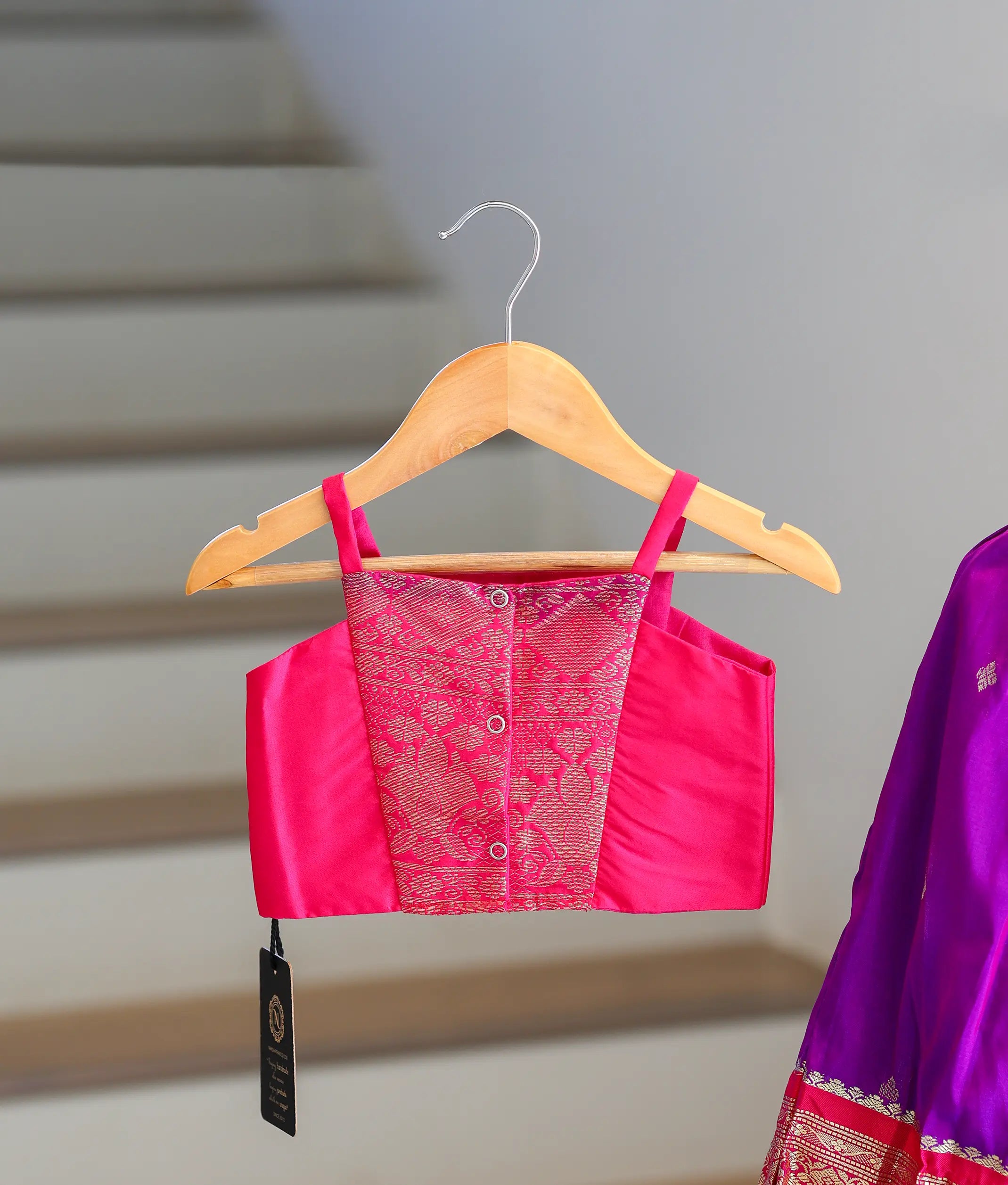 Pink and Violet Kanchipuram Silk Skirt and Top for Baby Girl [6383]