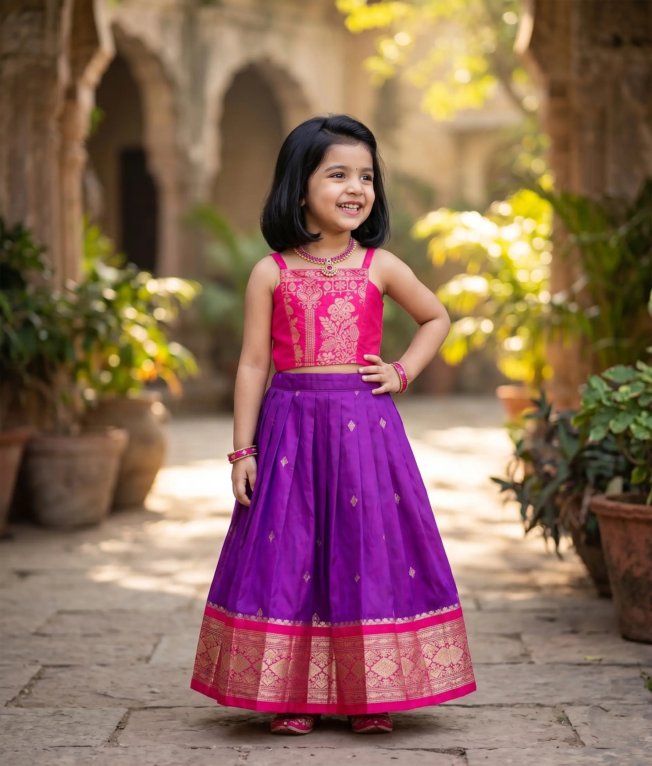 Pink and Violet Kanchipuram Silk Skirt and Top for Baby Girl [6383]