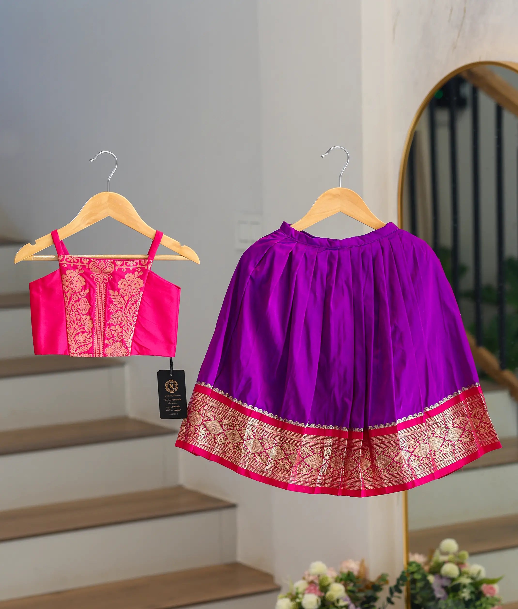 Pink and Violet Kanchipuram Silk Skirt and Top for Baby Girl [6383A]