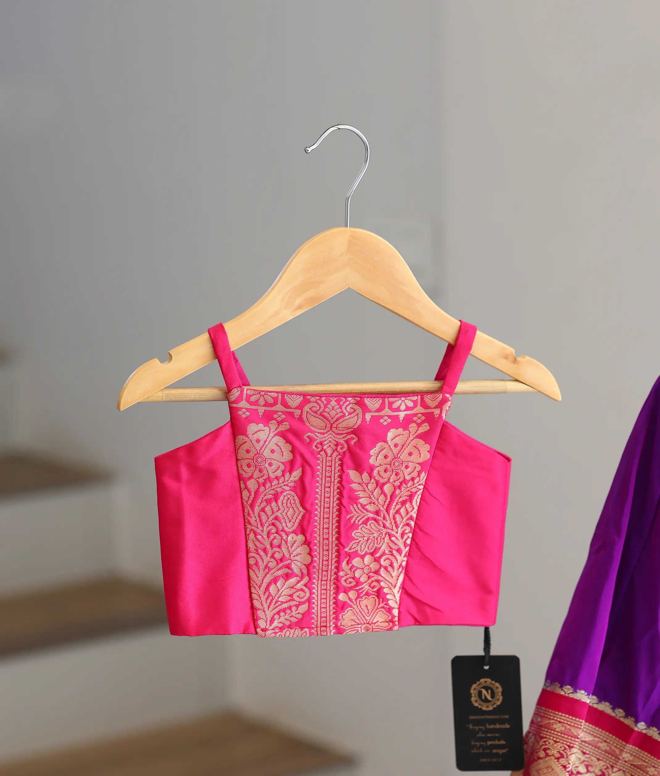 Pink and Violet Kanchipuram Silk Skirt and Top for Baby Girl [6383A]