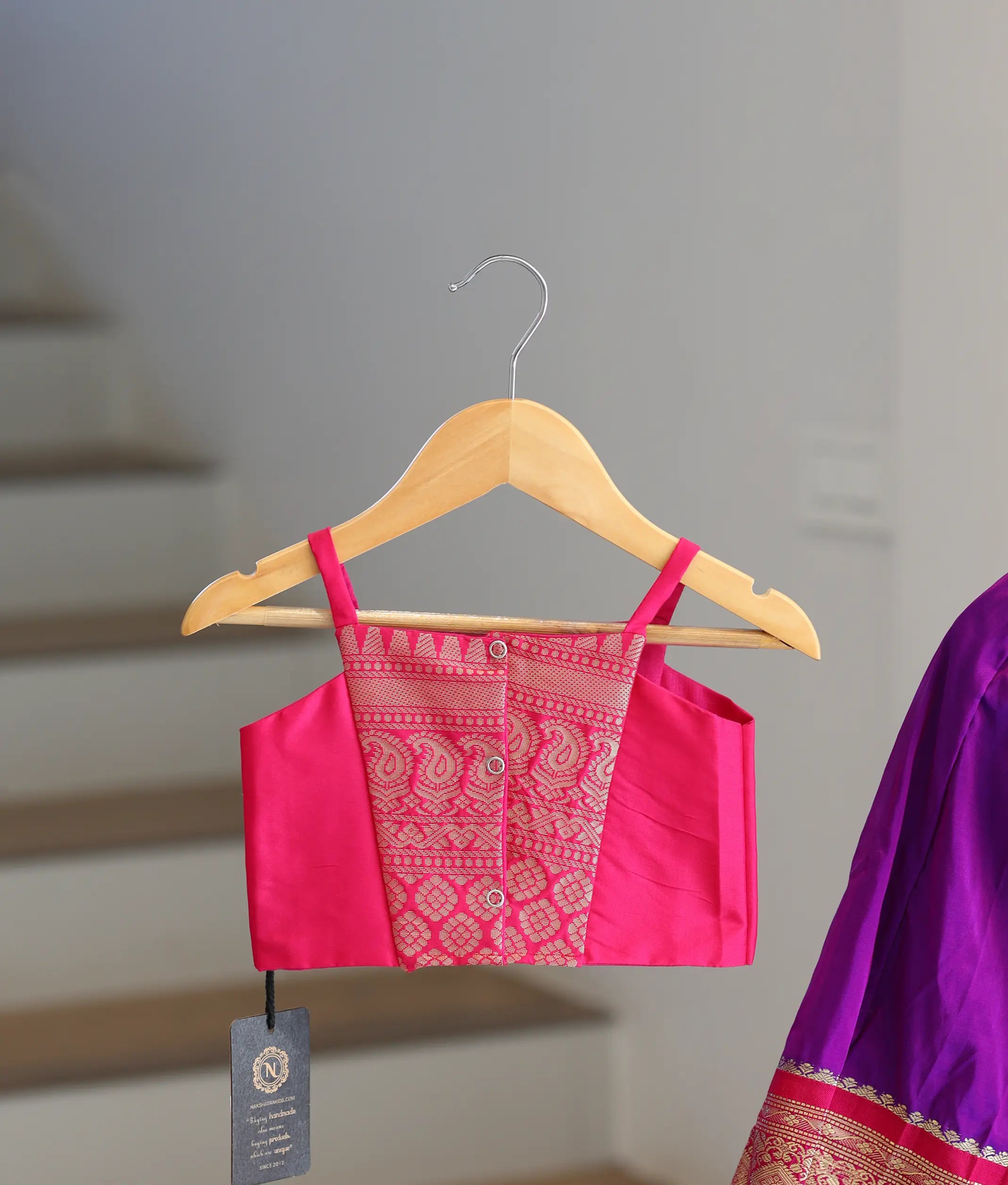 Pink and Violet Kanchipuram Silk Skirt and Top for Baby Girl [6383A]