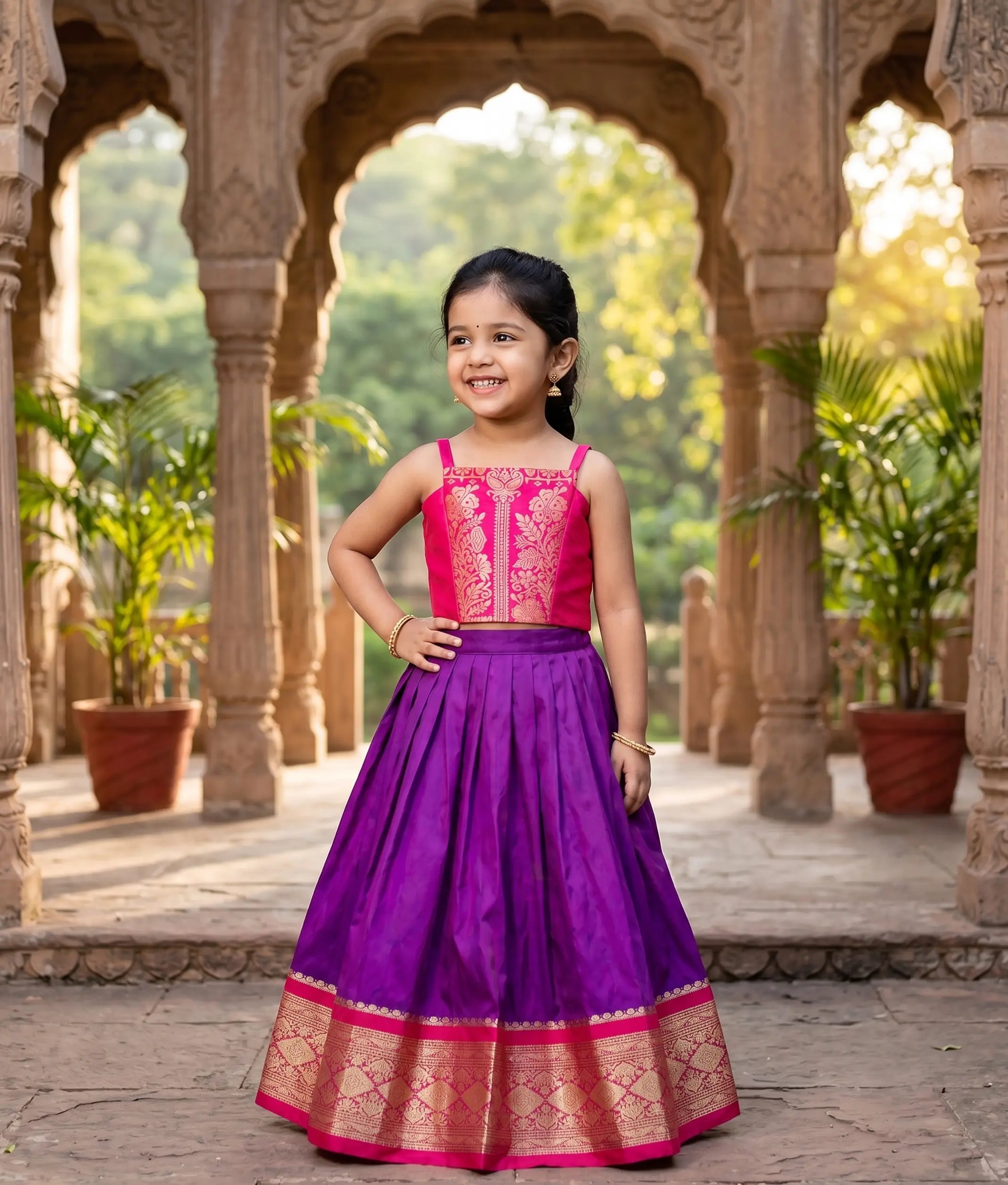 Pink and Violet Kanchipuram Silk Skirt and Top for Baby Girl [6383A]