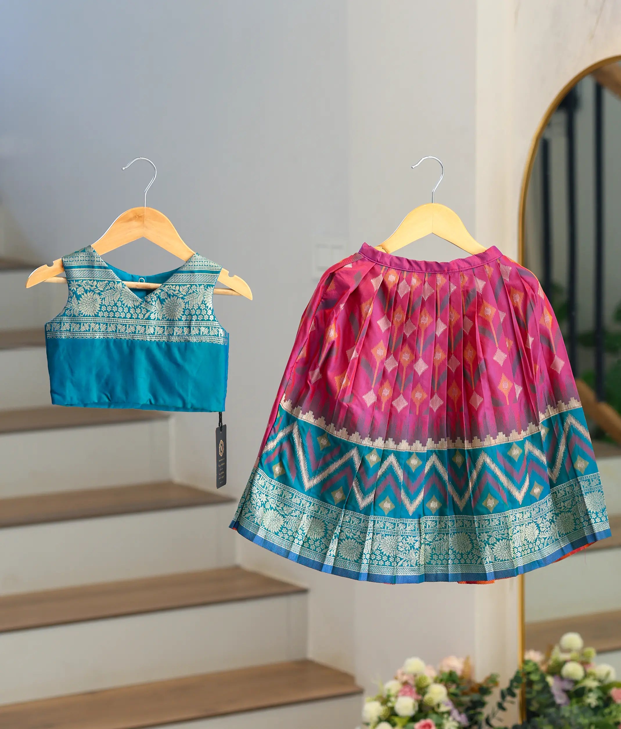 Pink and Blue Kanchipuram Silk Skirt and Top for Baby Girl [6386]