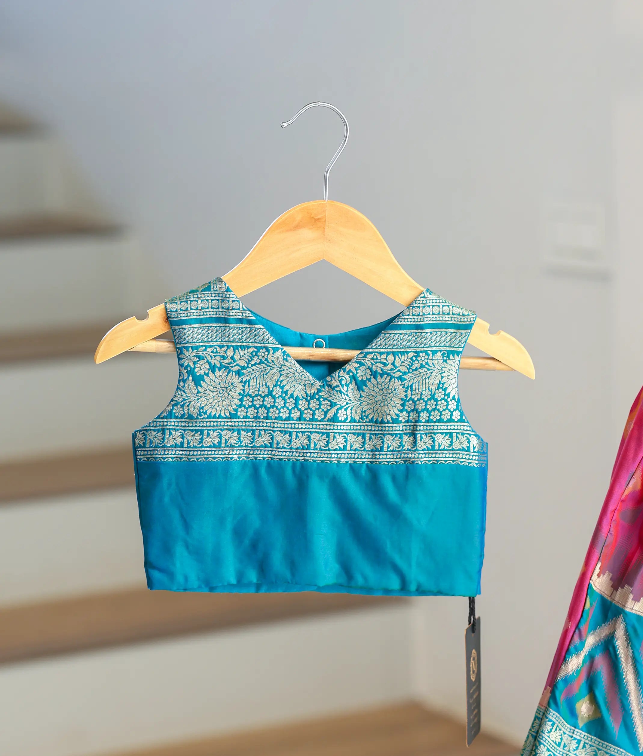 Pink and Blue Kanchipuram Silk Skirt and Top for Baby Girl [6386]