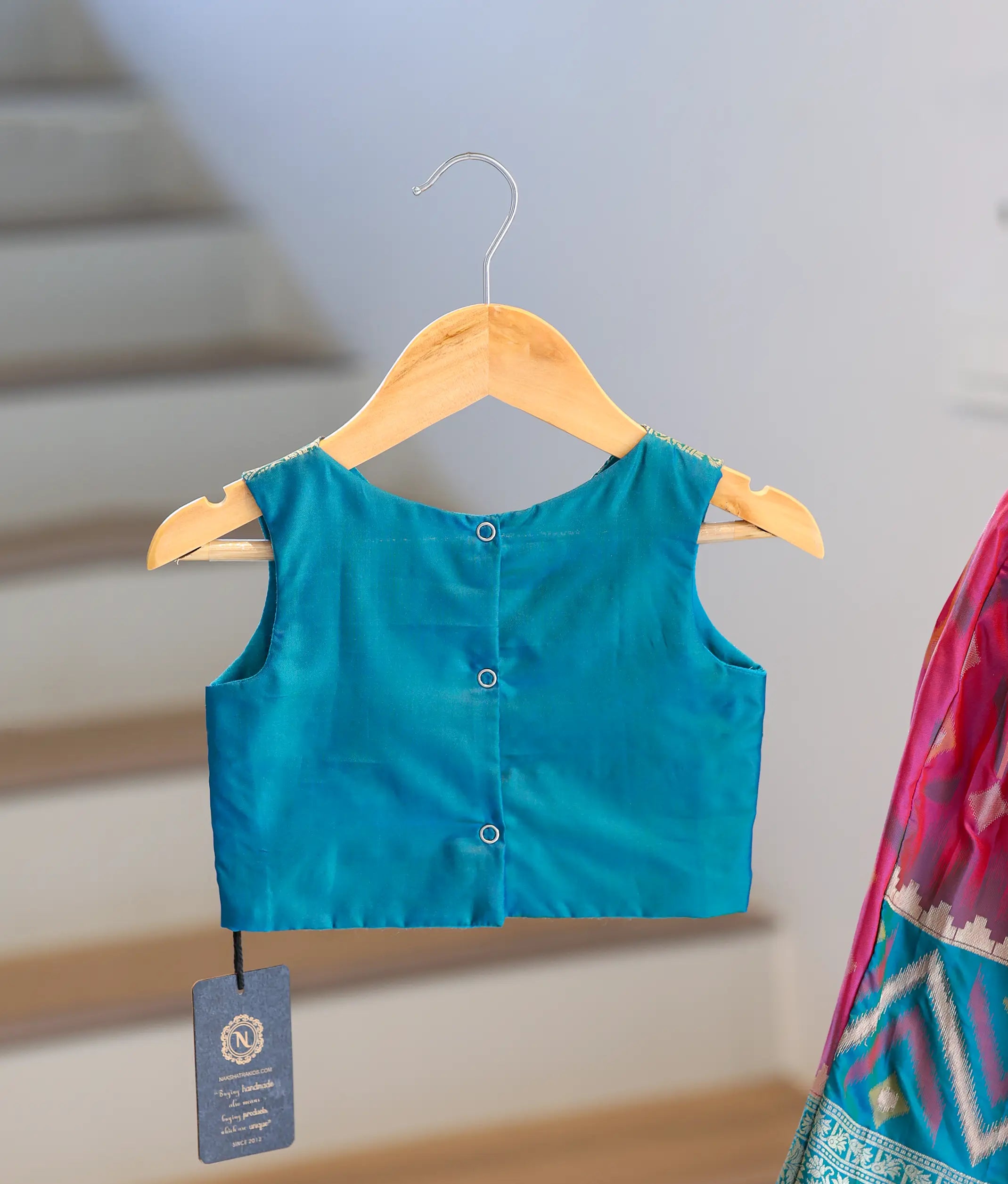 Pink and Blue Kanchipuram Silk Skirt and Top for Baby Girl [6386]