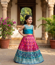 Pink and Blue Kanchipuram Silk Skirt and Top for Baby Girl [6386]