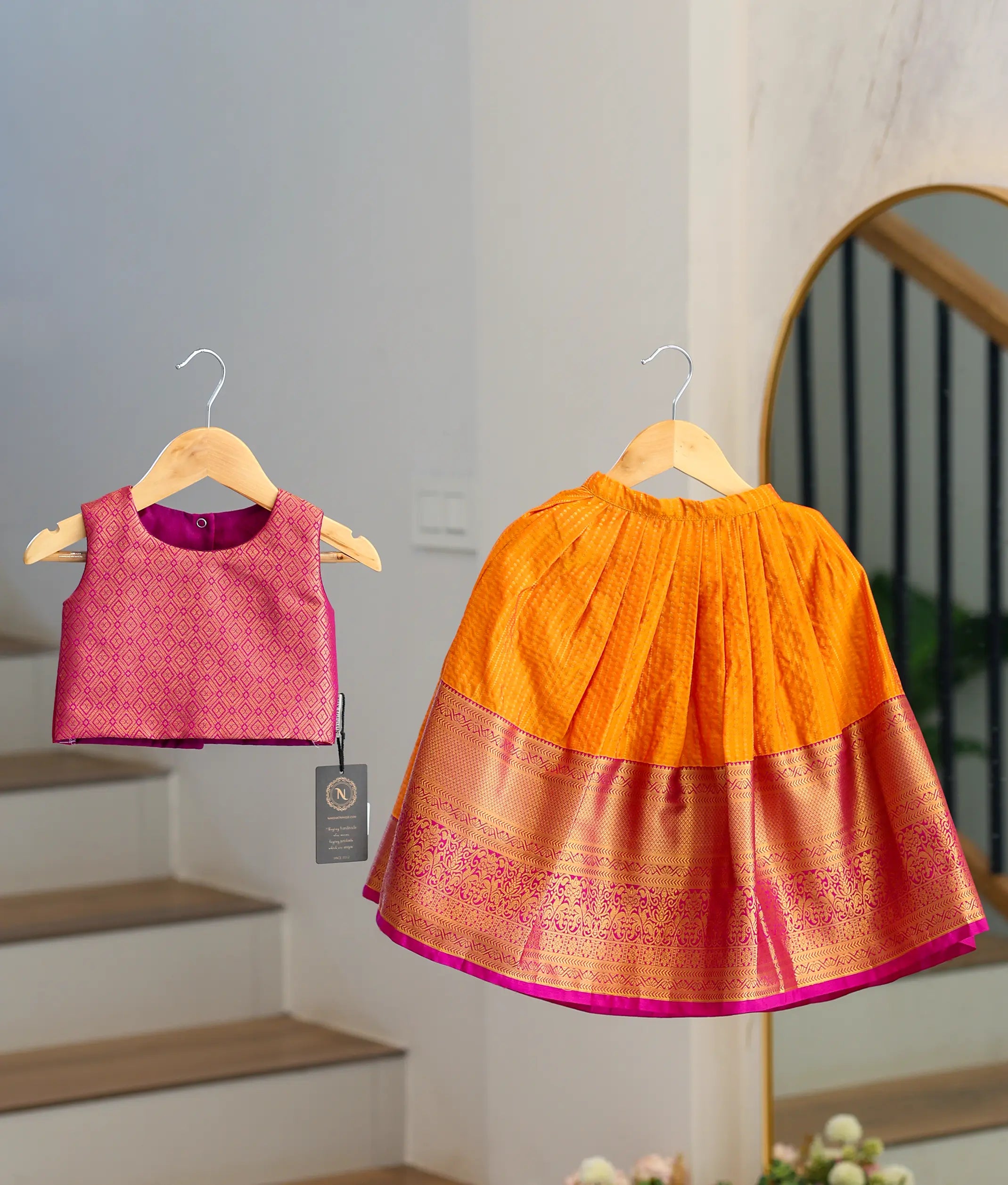 Orange and Pink Kanchipuram Silk Skirt and Top for Baby Girl [6387]