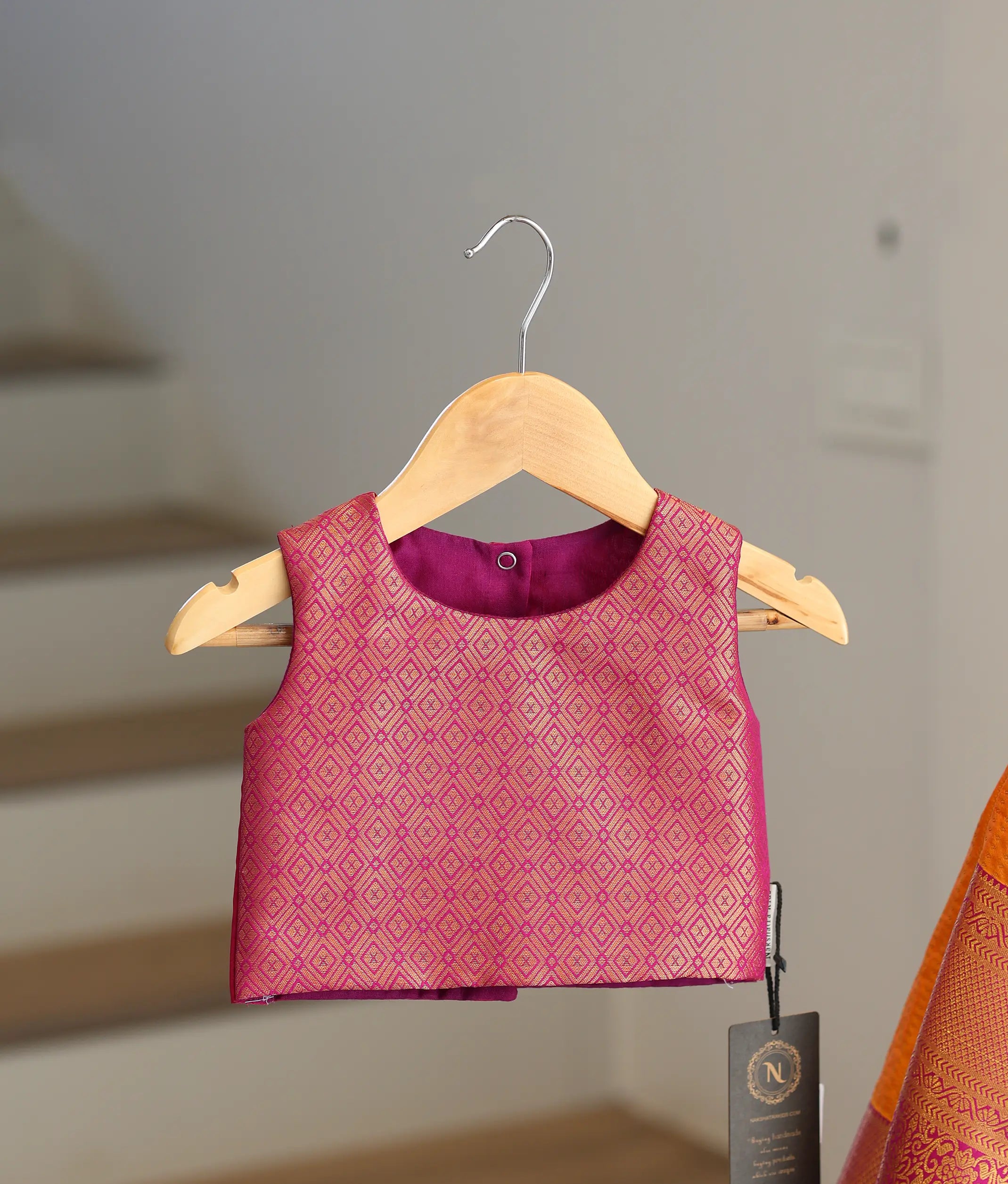 Orange and Pink Kanchipuram Silk Skirt and Top for Baby Girl [6387]