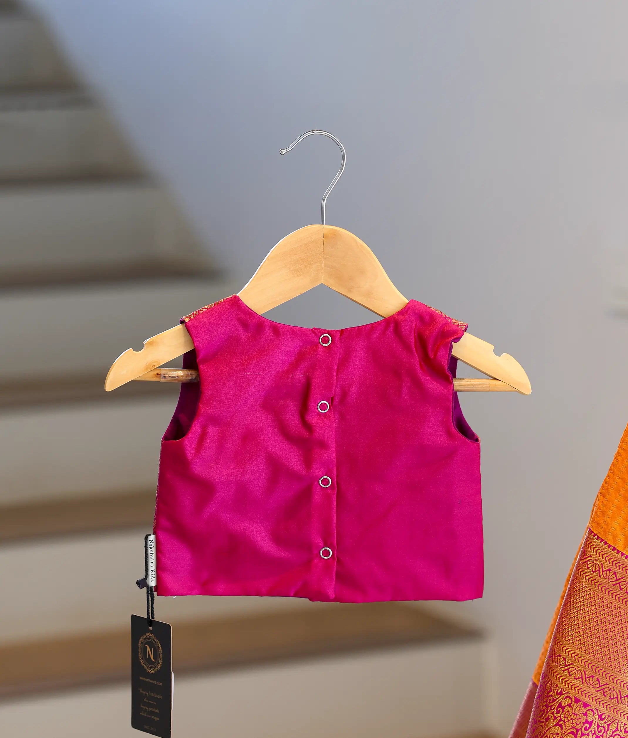 Orange and Pink Kanchipuram Silk Skirt and Top for Baby Girl [6387]