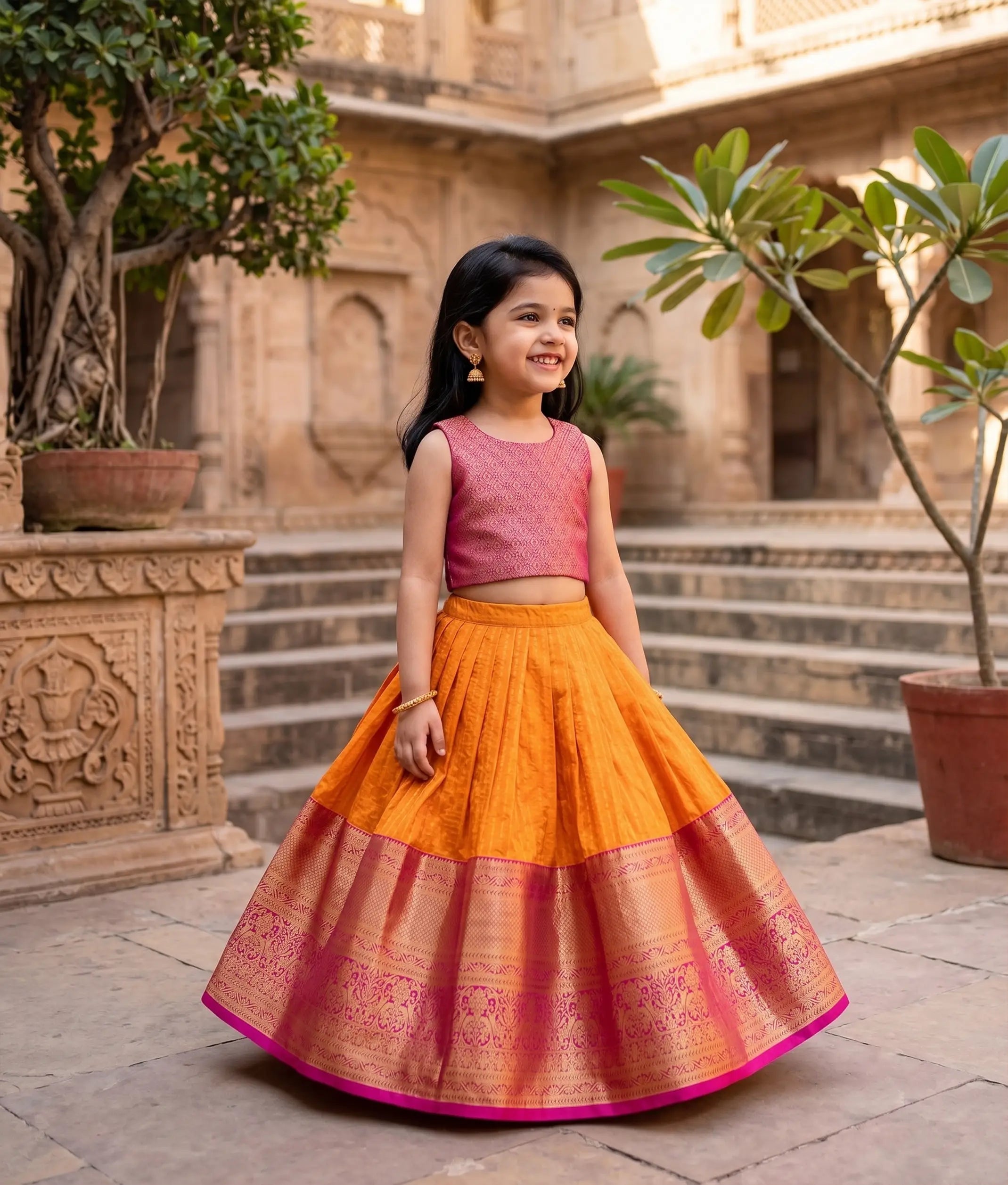 Orange and Pink Kanchipuram Silk Skirt and Top for Baby Girl [6387]