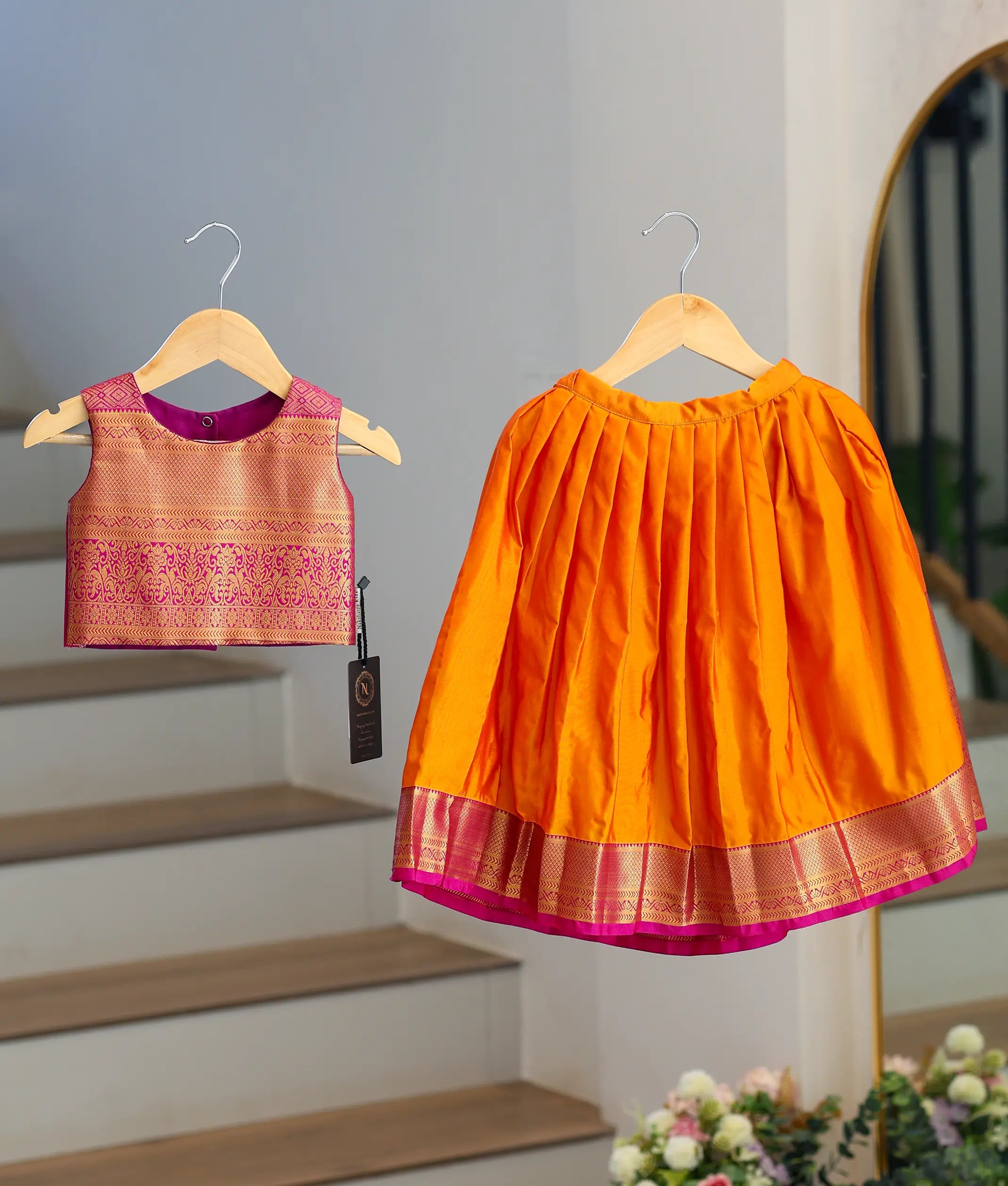 Orange and Pink Kanchipuram Silk Skirt and Top for Baby Girl [6387A]
