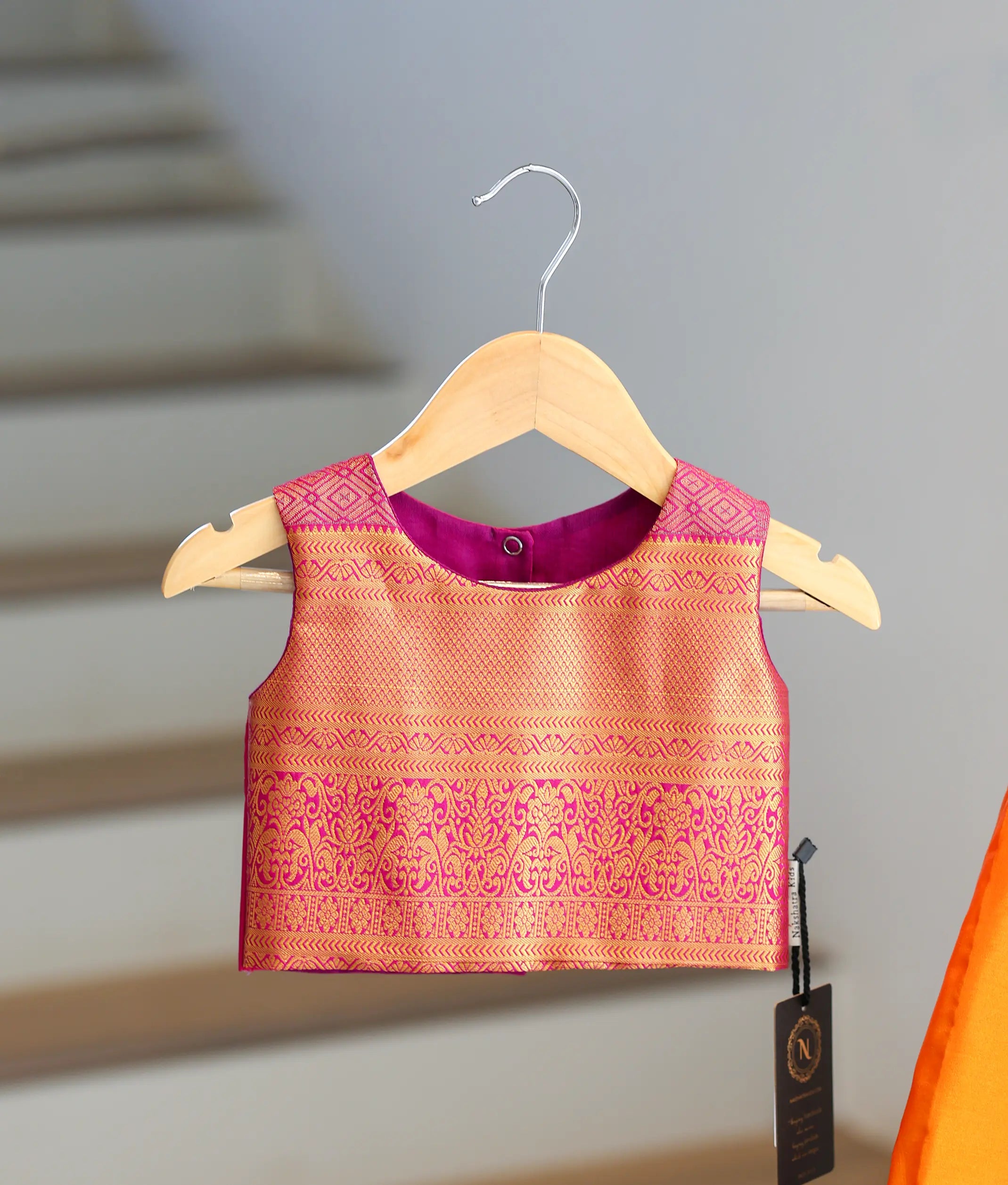 Orange and Pink Kanchipuram Silk Skirt and Top for Baby Girl [6387A]