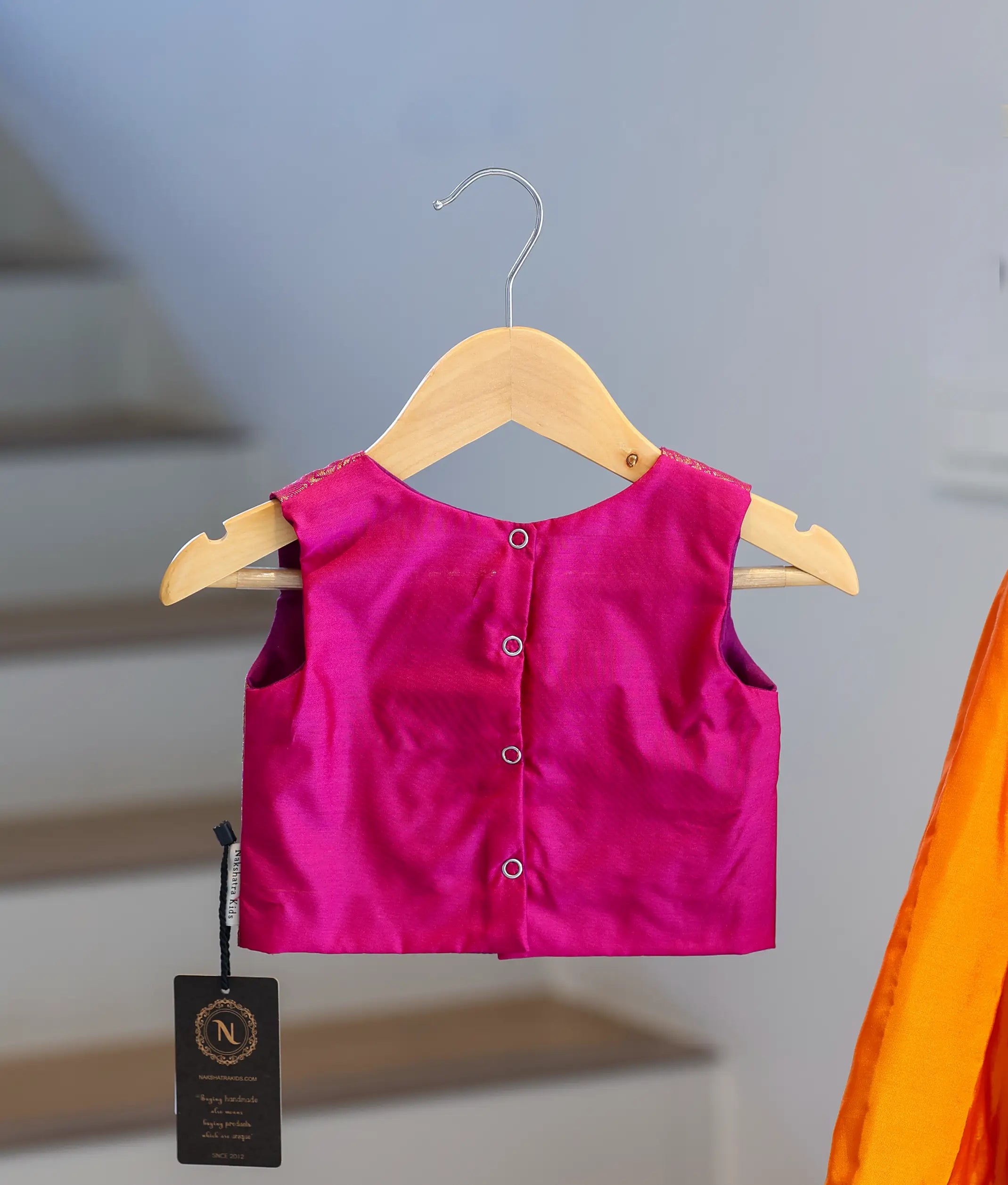 Orange and Pink Kanchipuram Silk Skirt and Top for Baby Girl [6387A]