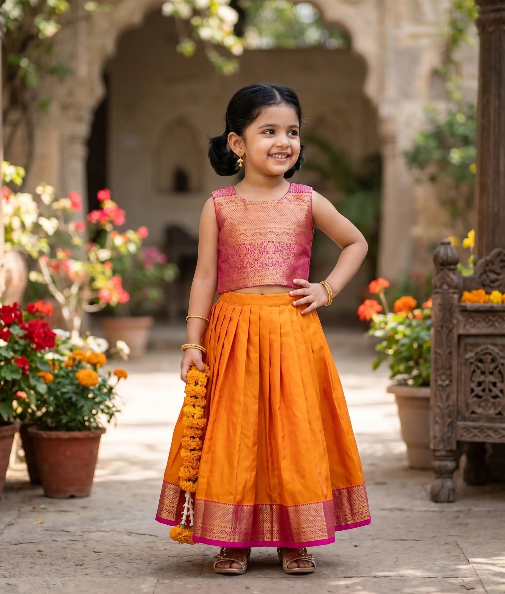 Orange and Pink Kanchipuram Silk Skirt and Top for Baby Girl [6387A]