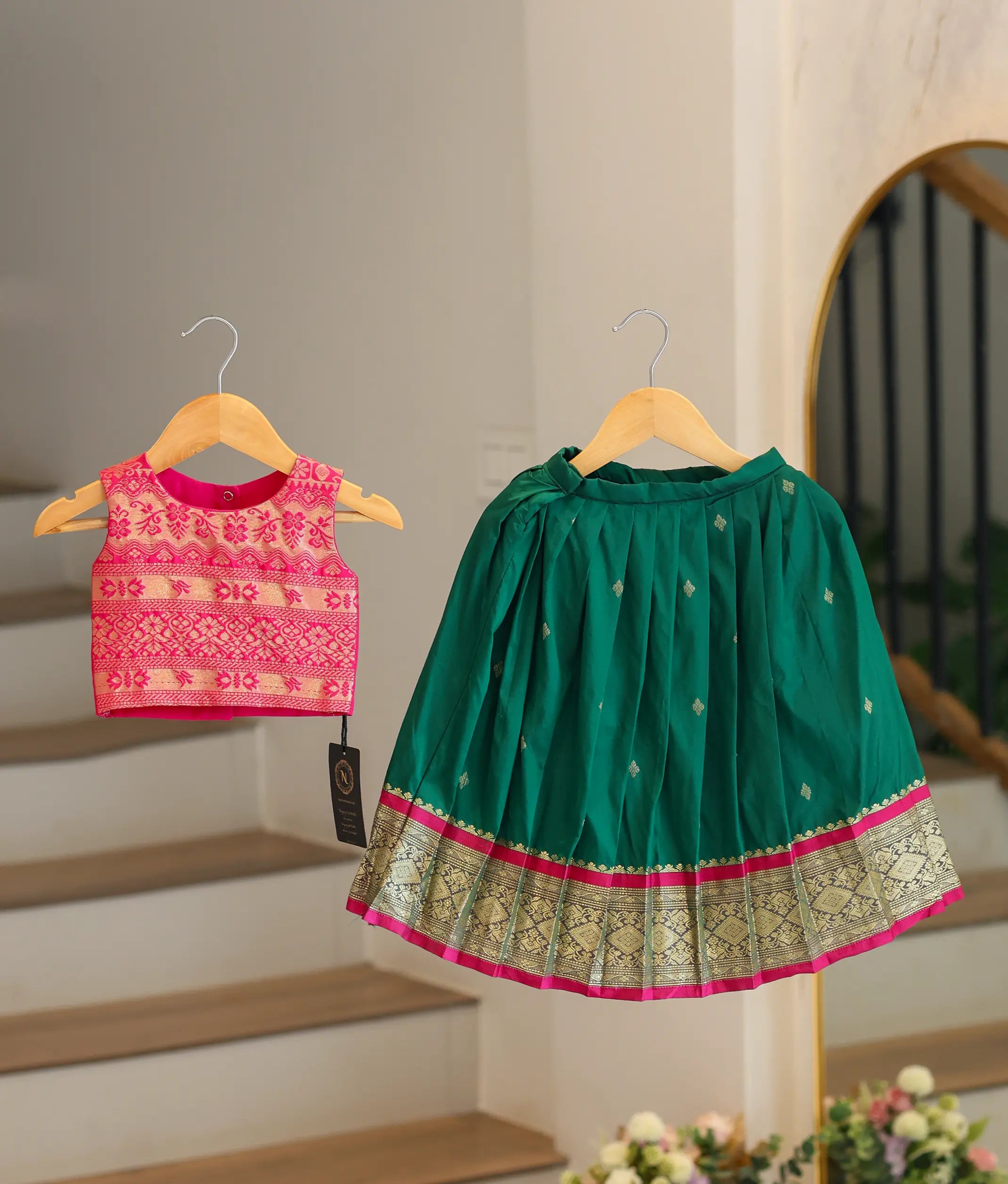 Green And Pink Kanchipuram Silk Skirt and Top for Baby Girl [6388]