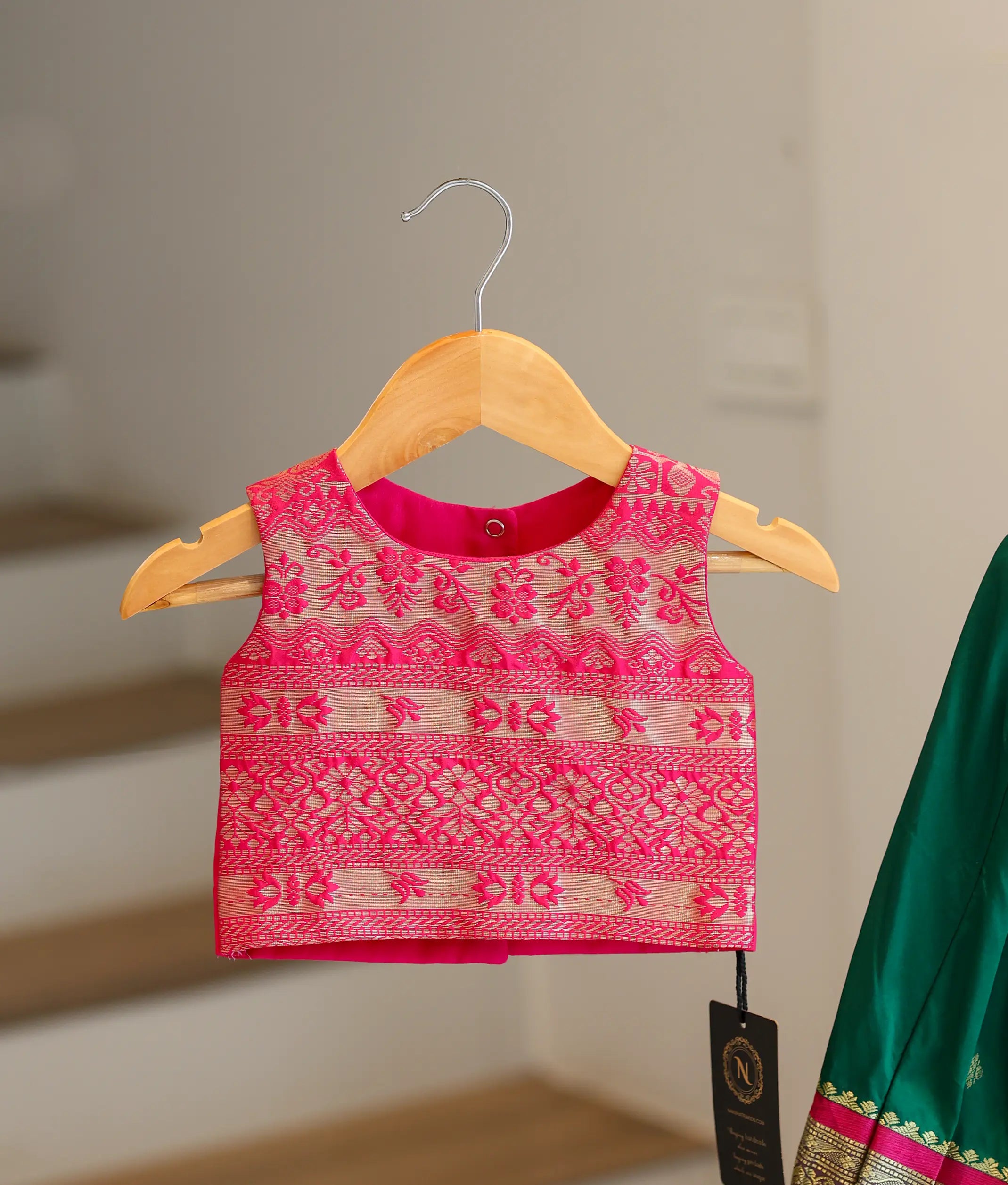 Green And Pink Kanchipuram Silk Skirt and Top for Baby Girl [6388]