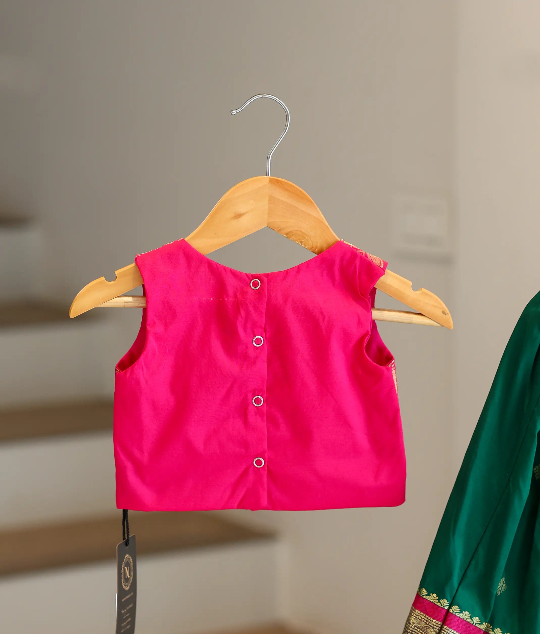 Green And Pink Kanchipuram Silk Skirt and Top for Baby Girl [6388]