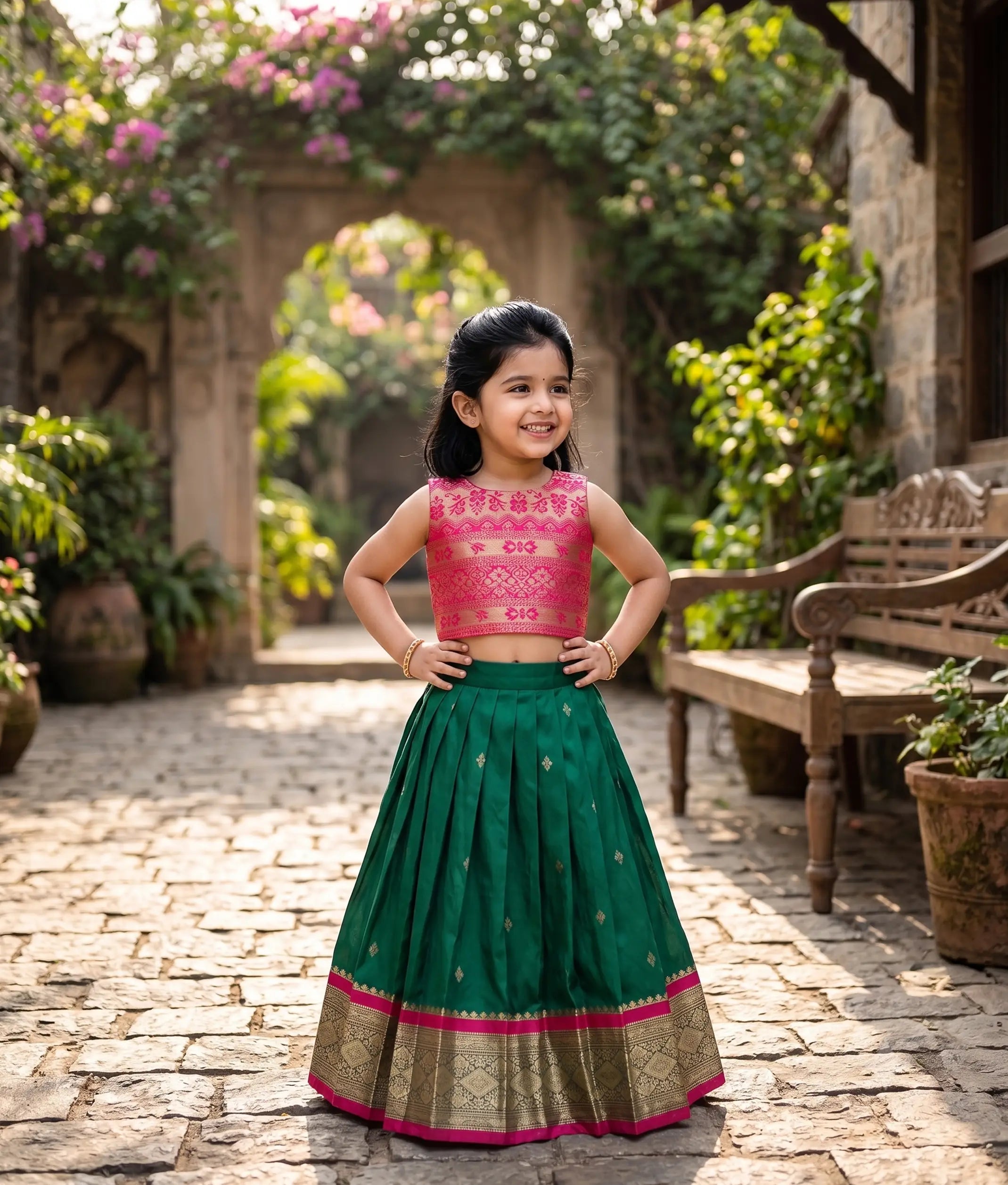 Green And Pink Kanchipuram Silk Skirt and Top for Baby Girl [6388]