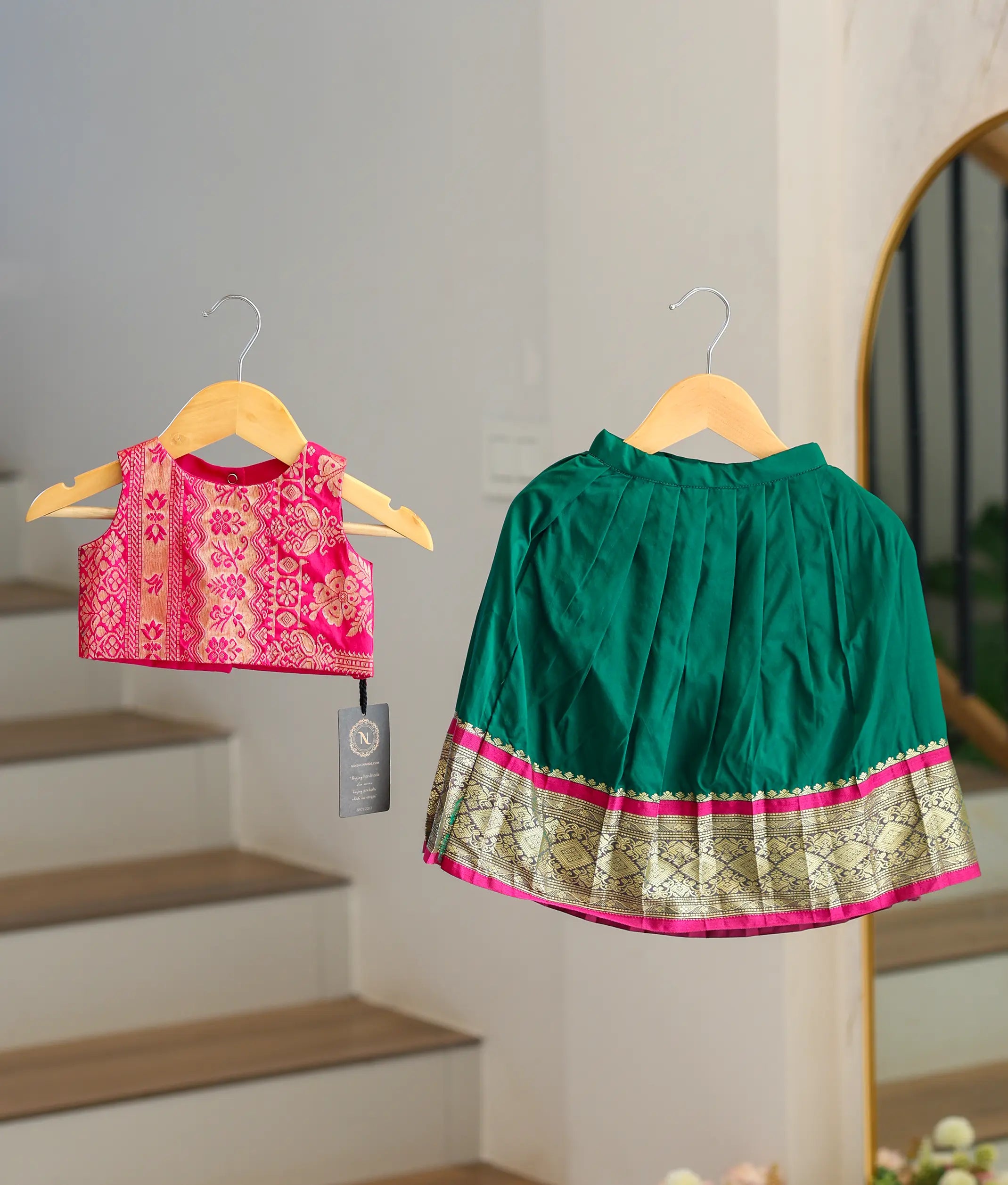 Green And Pink Kanchipuram Silk Skirt and Top for Baby Girl [6388A]