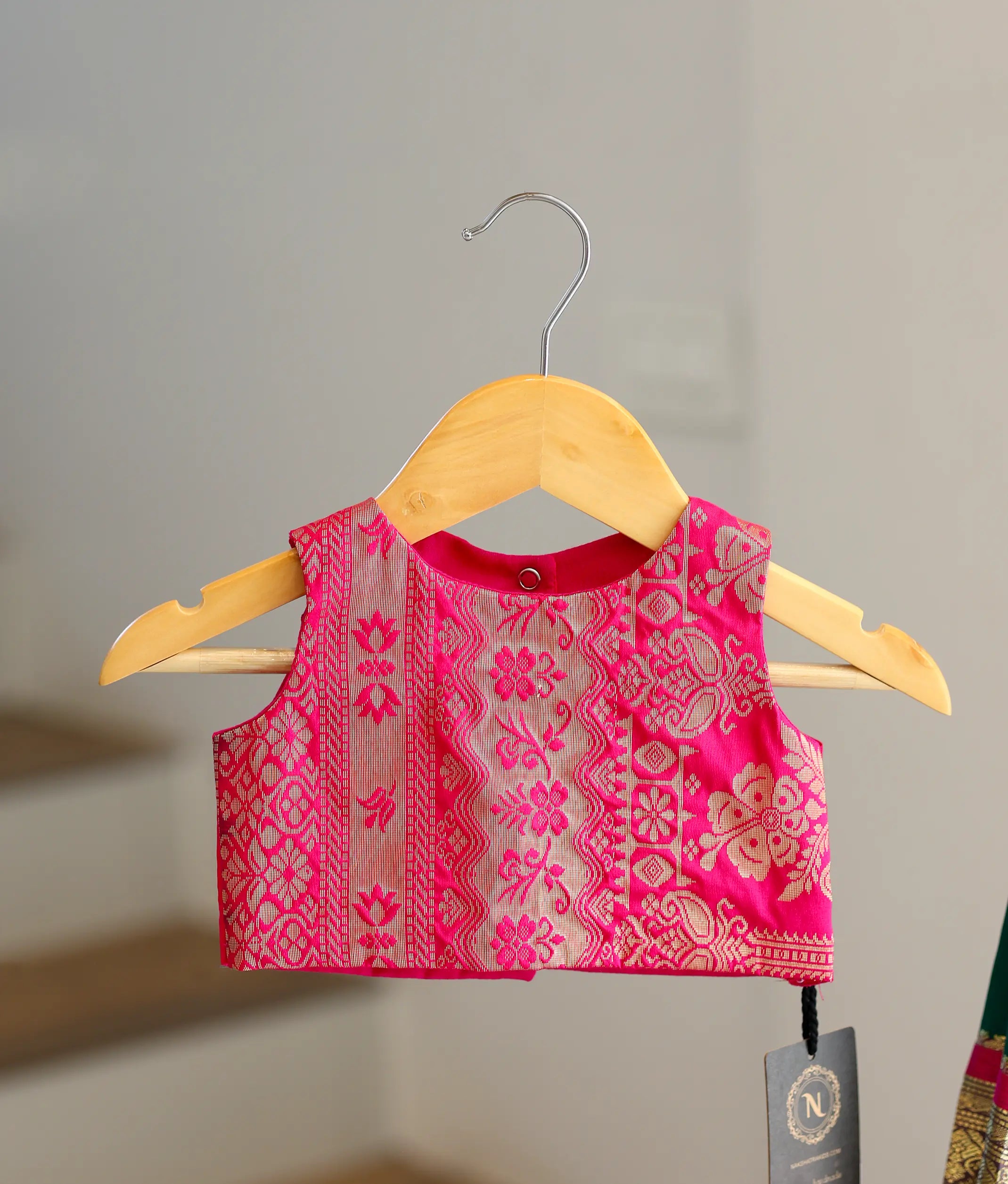 Green And Pink Kanchipuram Silk Skirt and Top for Baby Girl [6388A]