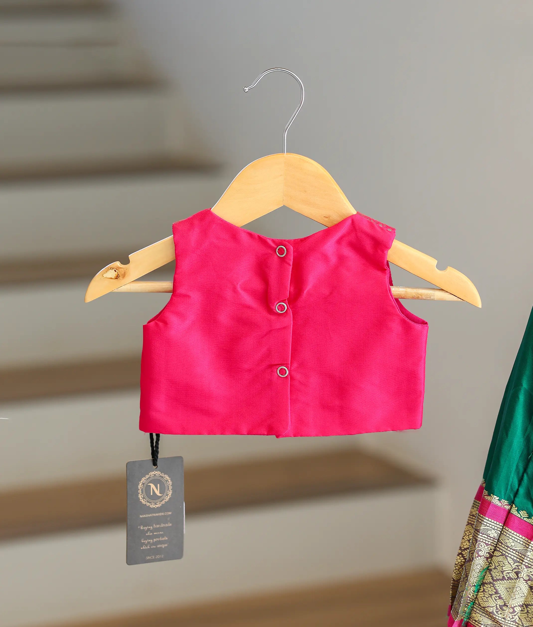 Green And Pink Kanchipuram Silk Skirt and Top for Baby Girl [6388A]