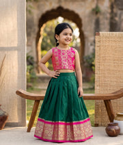 Green And Pink Kanchipuram Silk Skirt and Top for Baby Girl [6388A]