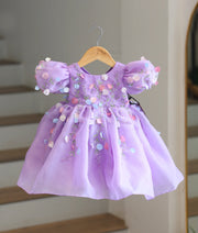 Lavender Plain Organza Handwork Flower Theme Birthday Frock For Baby Girl [6390]