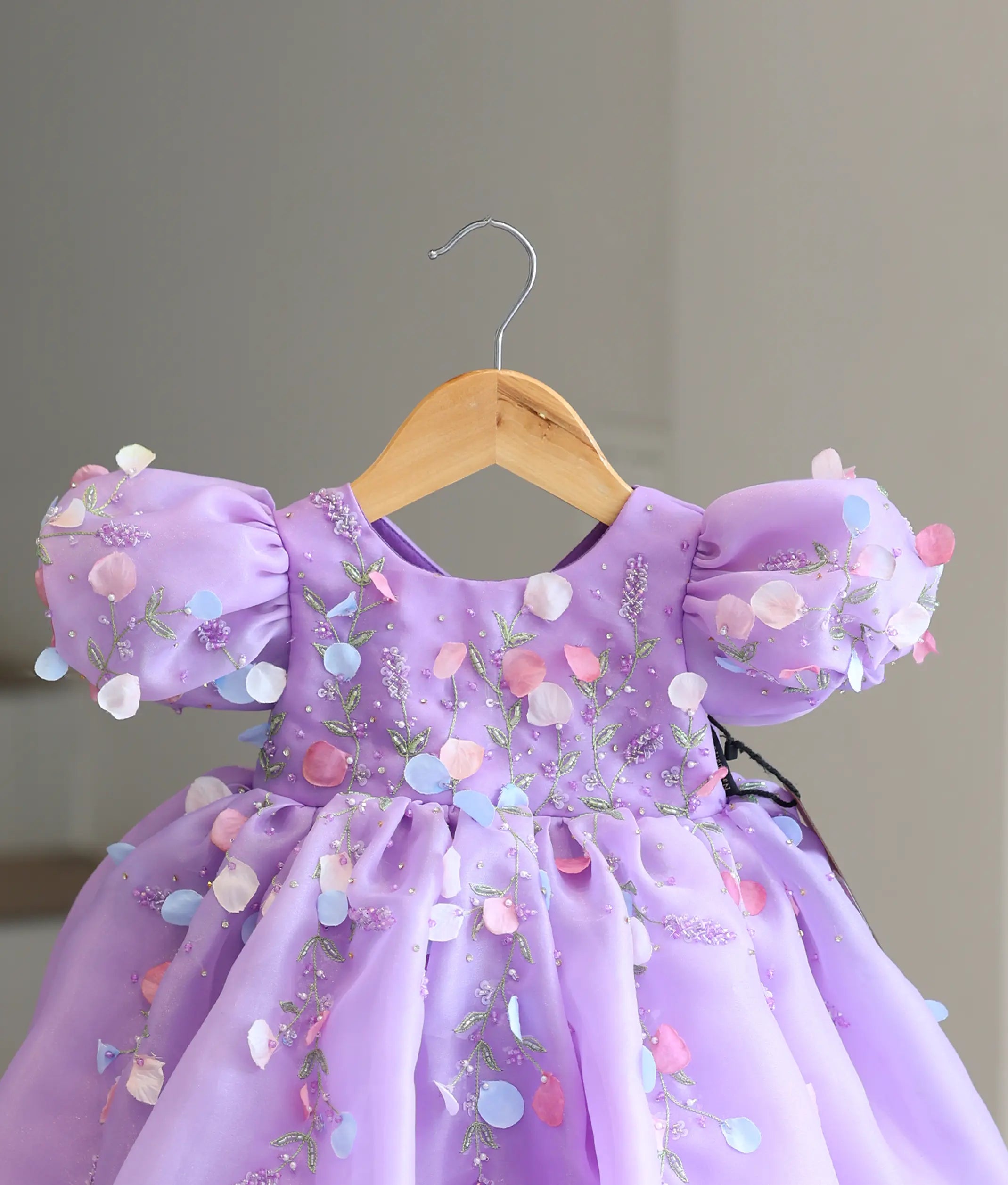 Lavender Plain Organza Handwork Flower Theme Birthday Frock For Baby Girl [6390]