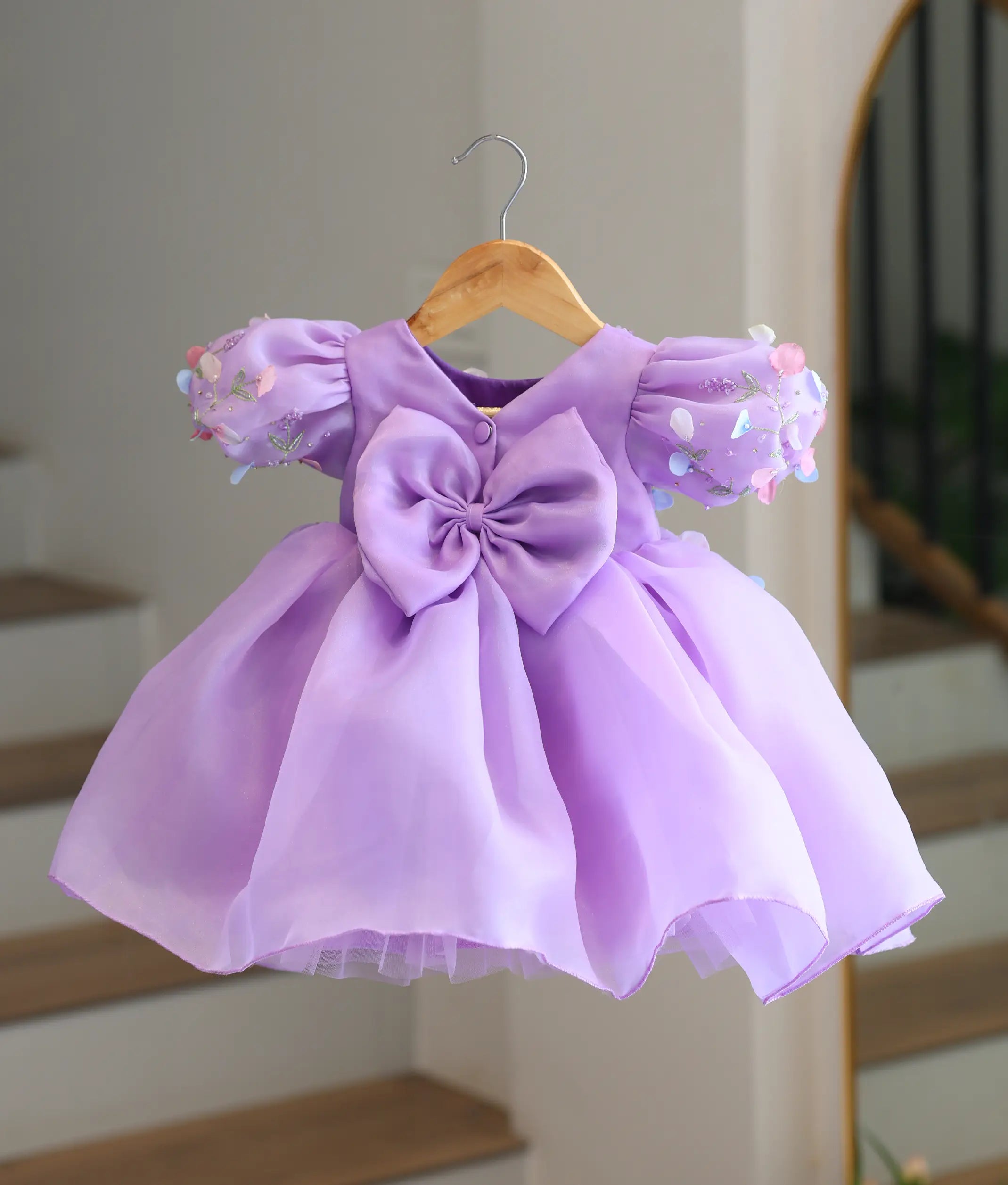 Lavender Plain Organza Handwork Flower Theme Birthday Frock For Baby Girl [6390]