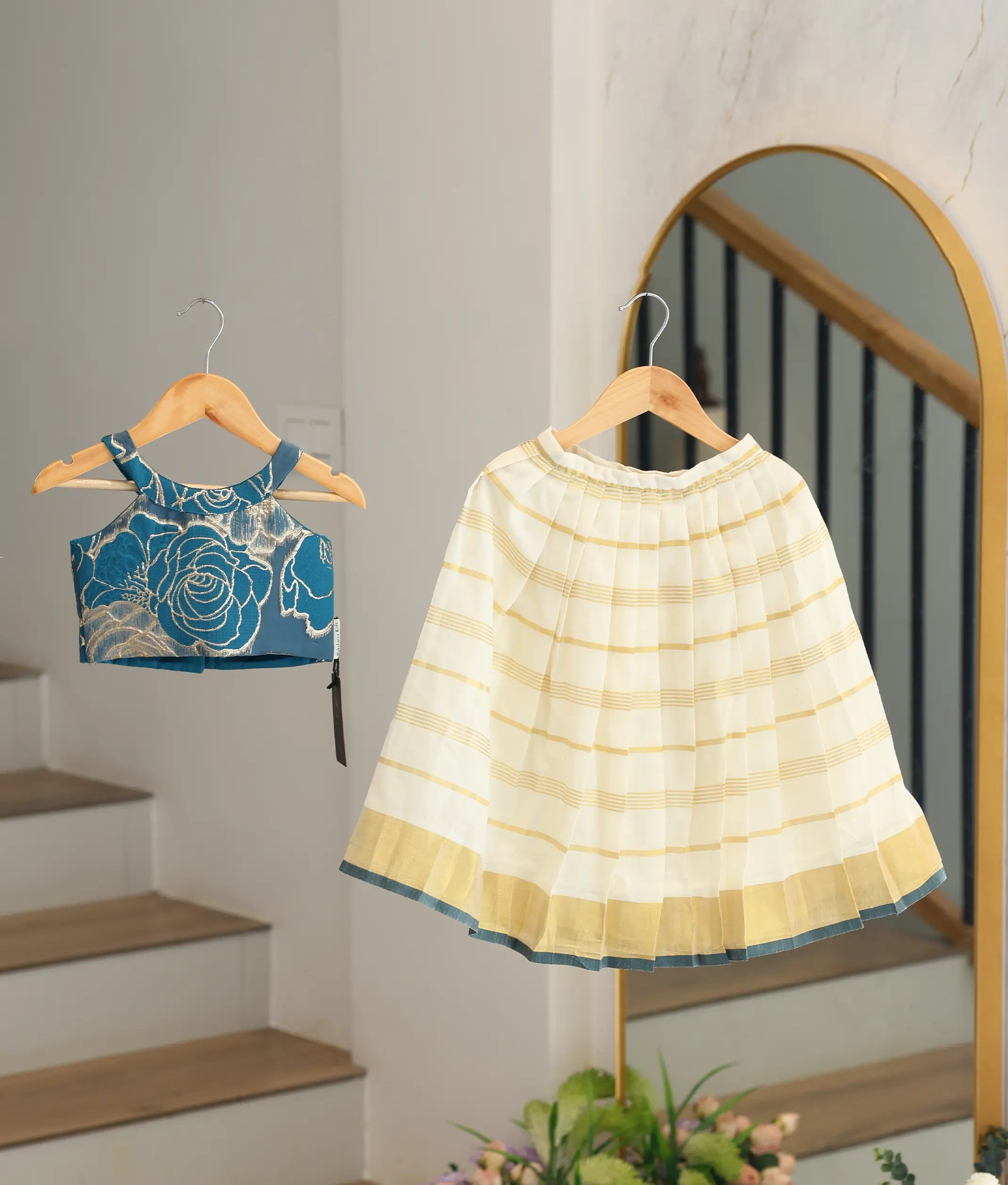 Teal Blue Turkish Organza Top With Kasavu Skirt for Baby Girl [6391]