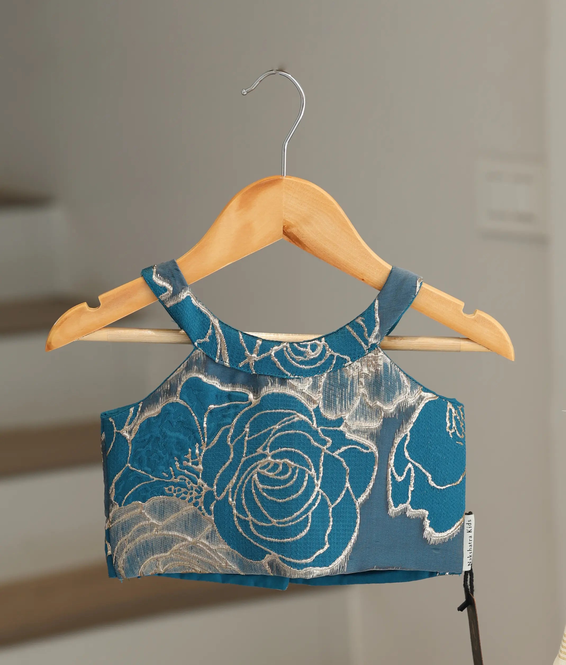 Teal Blue Turkish Organza Top With Kasavu Skirt for Baby Girl [6391]