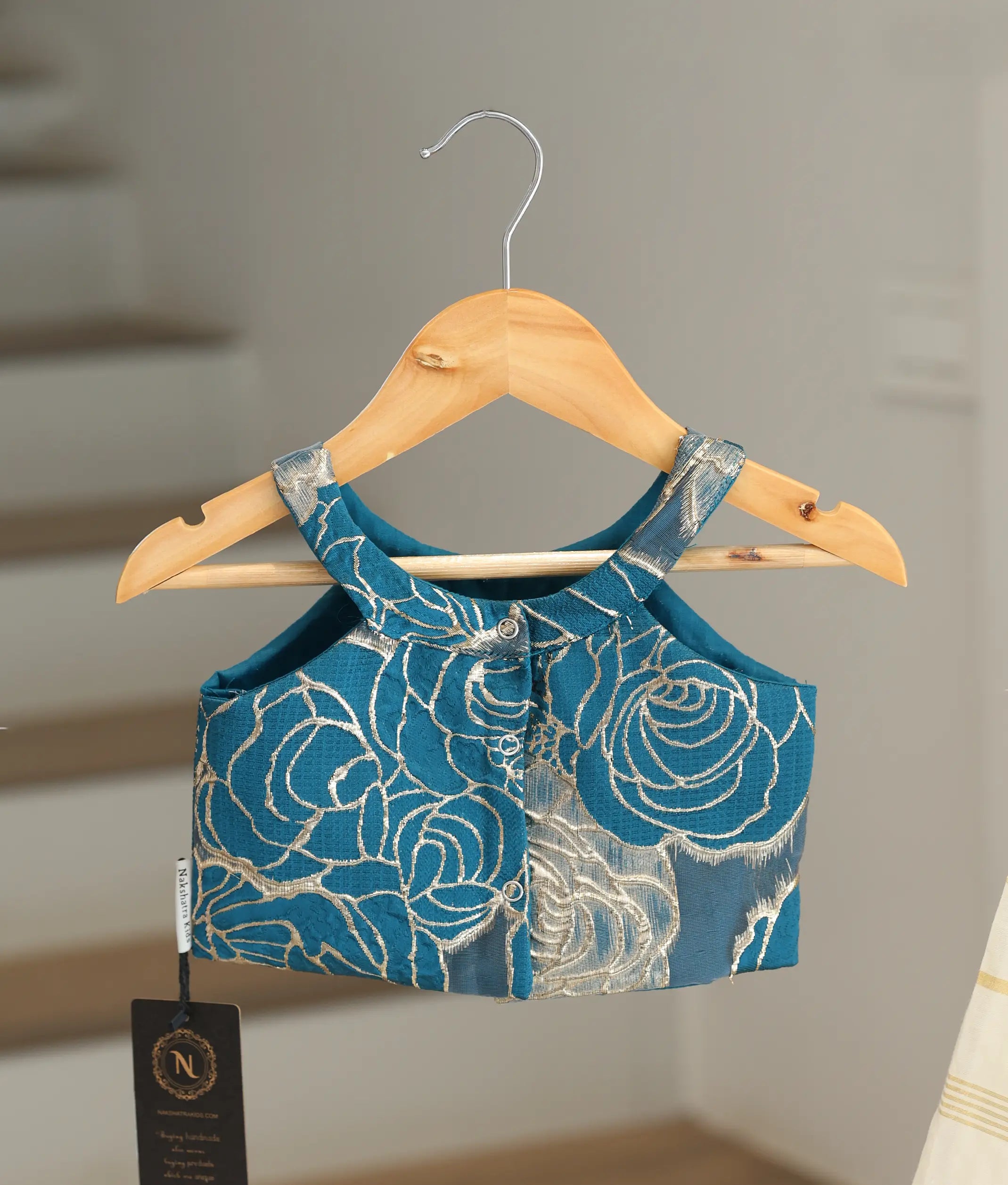 Teal Blue Turkish Organza Top With Kasavu Skirt for Baby Girl [6391]